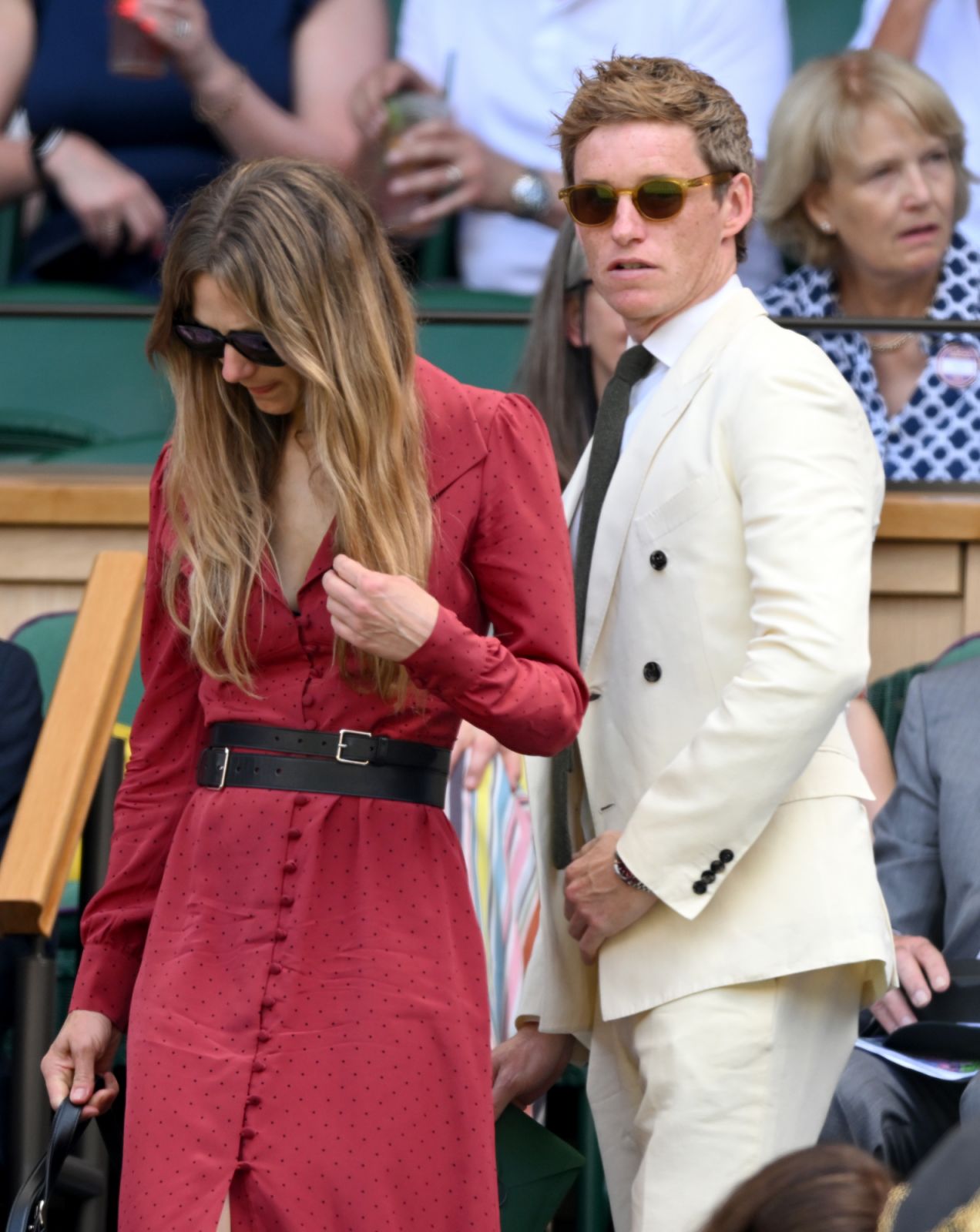 LONDON, ENGLAND - JUNE 30: Hannah Bagshawe and Eddie Redmayne attend day one of the Wimbledon Tennis Championships at the All England Lawn Tennis and Croquet Club on June 30, 2025 in London, England. (Photo by Karwai Tang/WireImage)