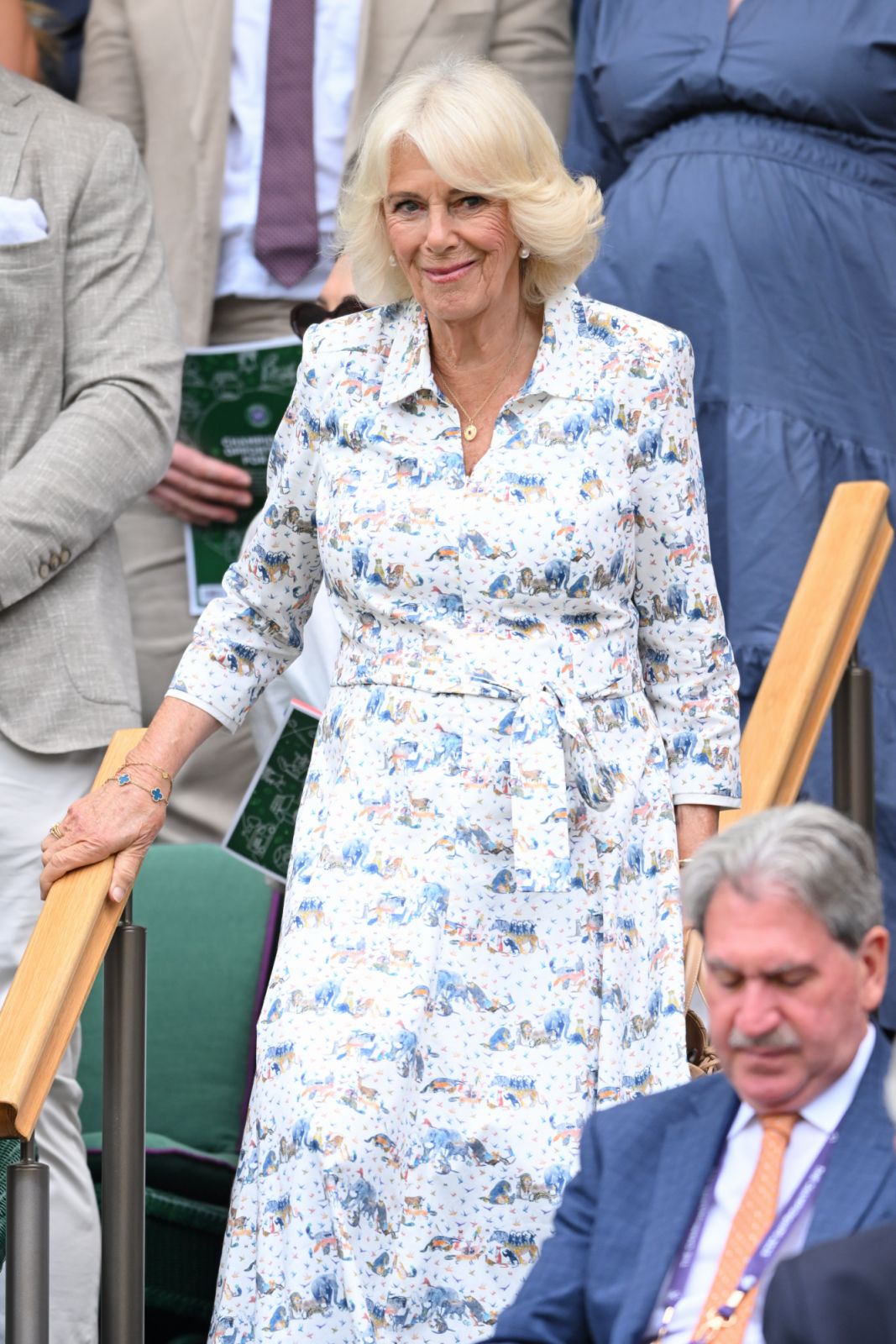 LONDON, ENGLAND - JULY 09: Queen Camilla attends day ten of the Wimbledon Tennis Championships at the All England Lawn Tennis and Croquet Club on July 09, 2025 in London, England. (Photo by Karwai Tang/WireImage)