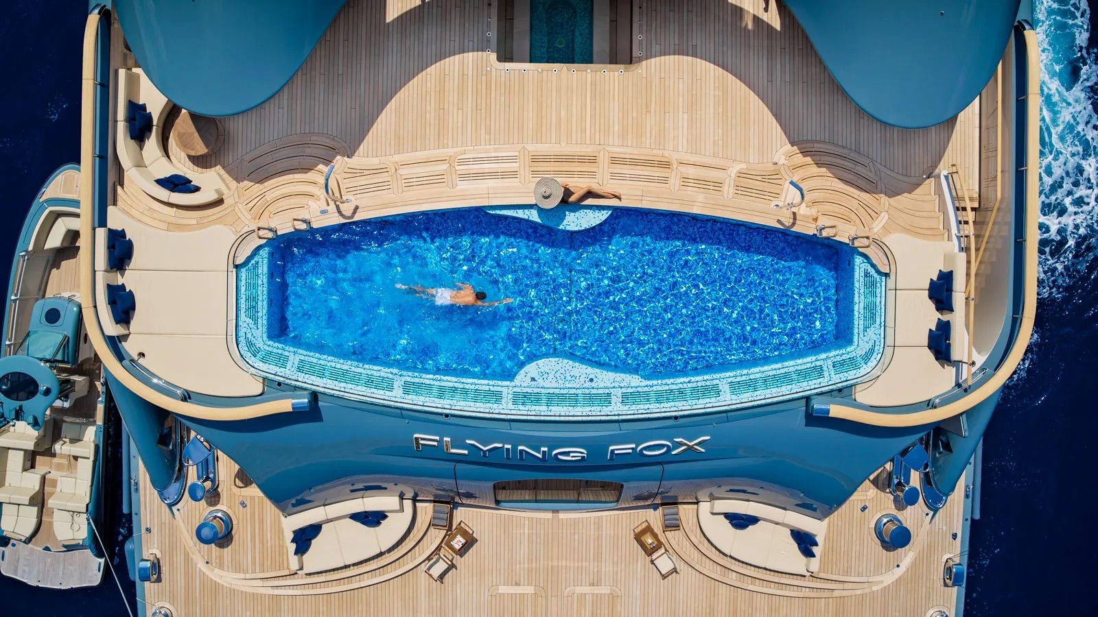 Flying Fox from above with large swimming pool and spacious entertainment area (photo: Imperial Yachts)
