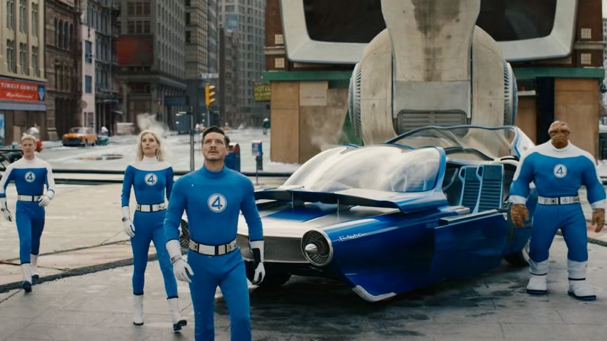 From left: Joseph Quinn, Vanessa Kirby, Pedro Pascal, and Ebon Moss-Bachrach amidst the retro-futuristic 1960s-inspired universe (Photo: Marvel Studios)