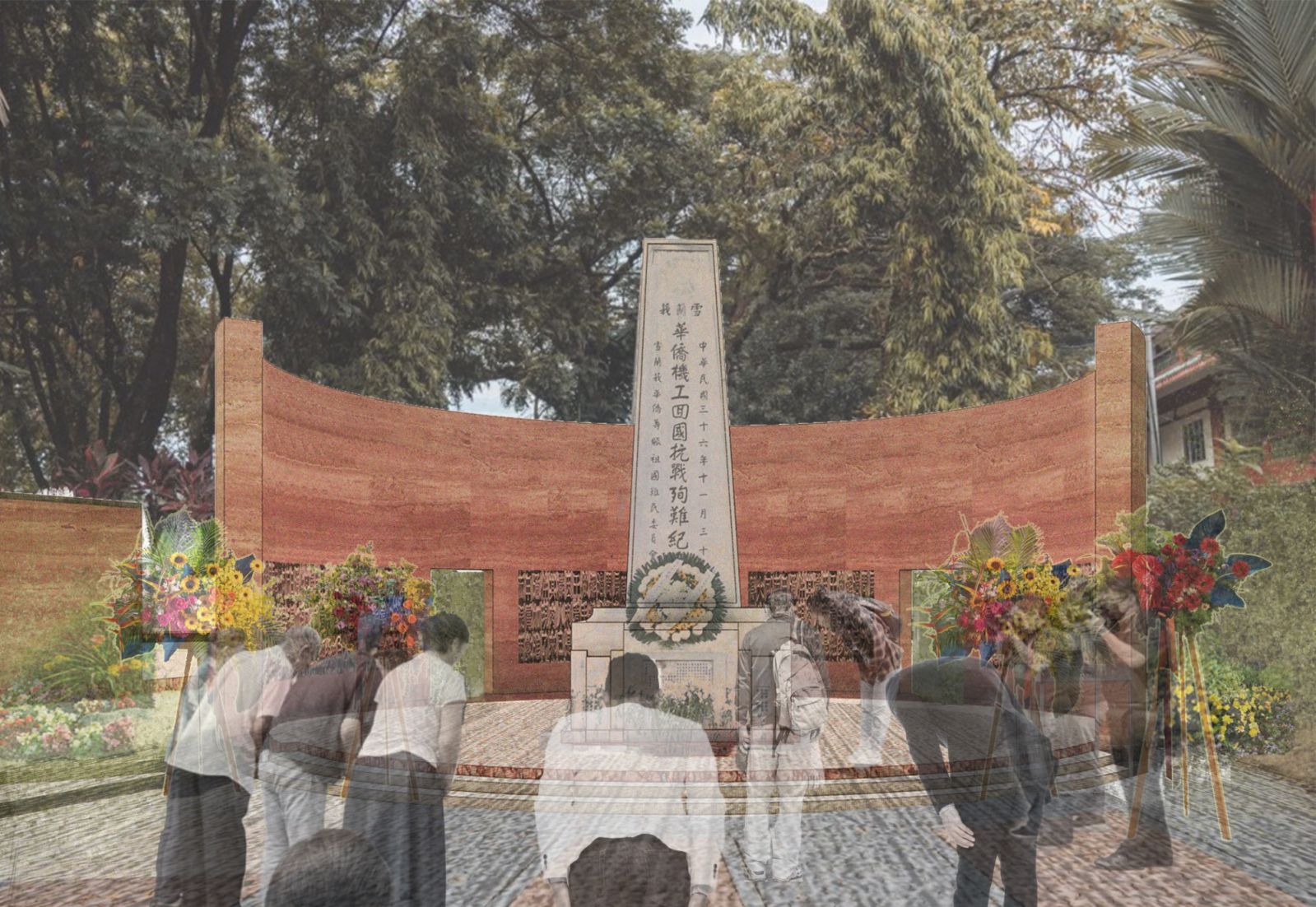 Rendered visualisation of the memorial design showing curved rammed earth walls creating an intimate ceremonial space, with visitors gathering around the central monument amid preserved existing trees