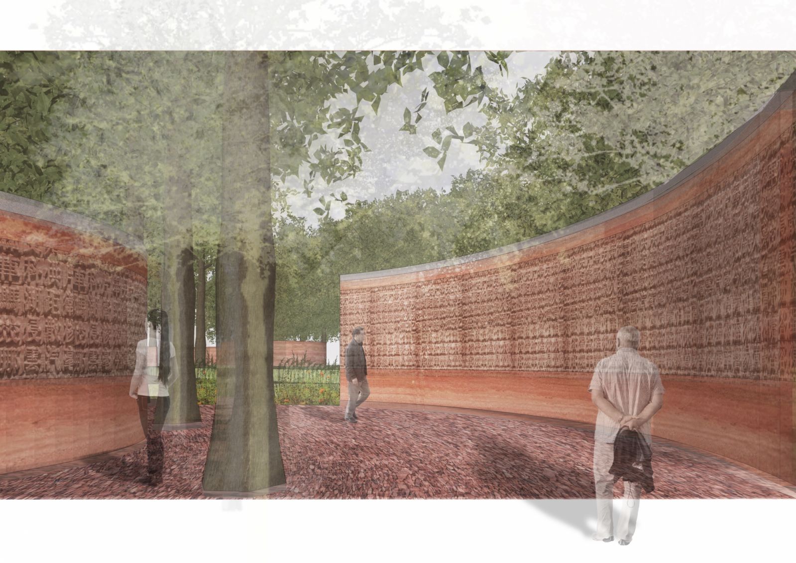 Interior perspective of the memorial's curved rammed earth walls, demonstrating how the design frames the landscape while creating contemplative circulation paths for visitors