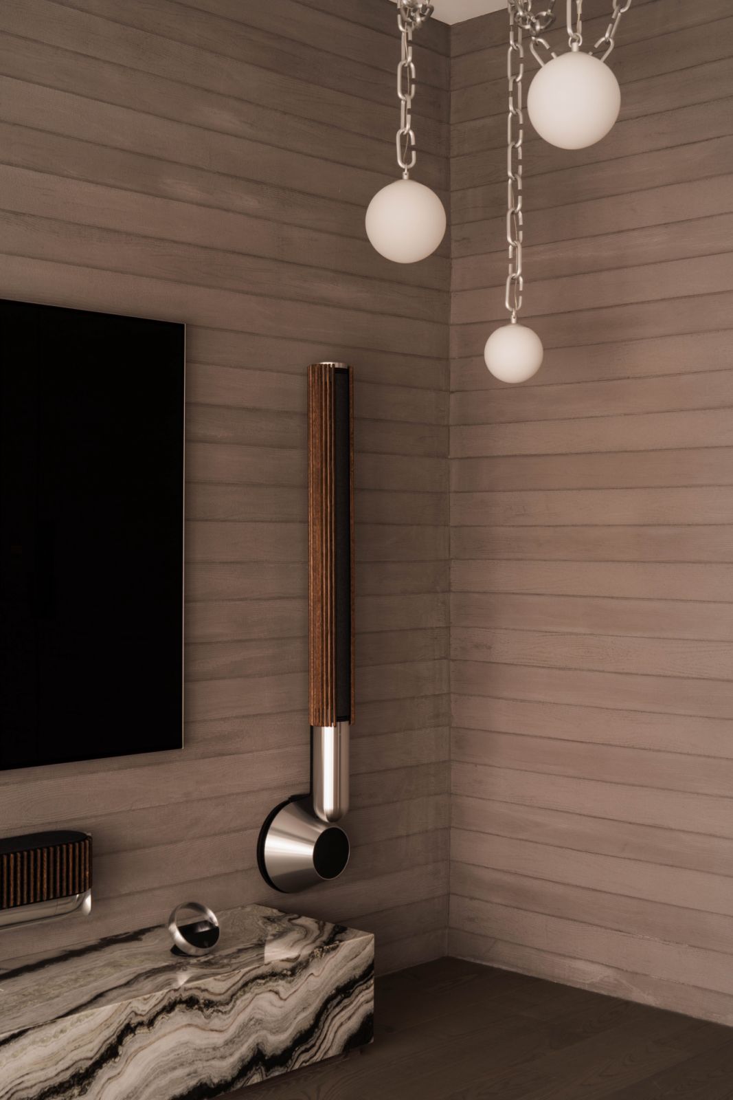 The Boba Chain pendant can be seen throughout the apartment