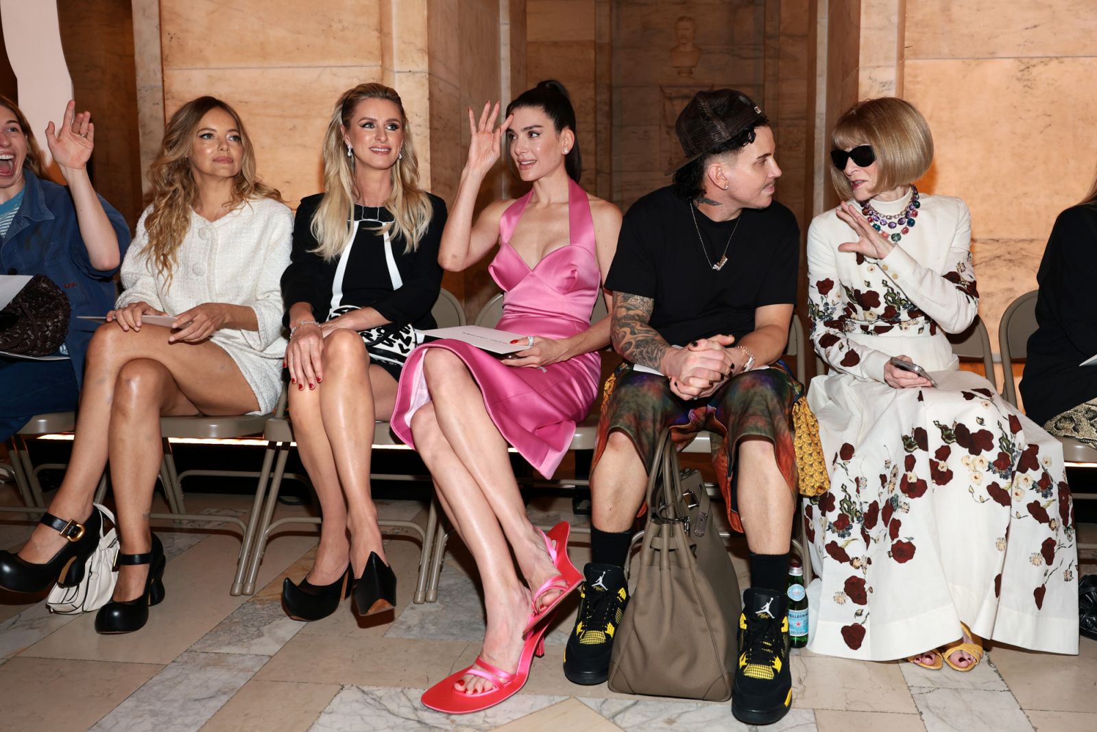 NEW YORK, NEW YORK - JUNE 30: (L-R) Bijou Phillips, Nicky Hilton Rothschild, Valentina Ferrer, Char Defrancesco and Anna Wintour sit front row during the Marc Jacobs 2026 Runway Show at New York Public Library on June 30, 2025 in New York City. (Photo by Dimitrios Kambouris/Getty Images for Marc Jacobs )