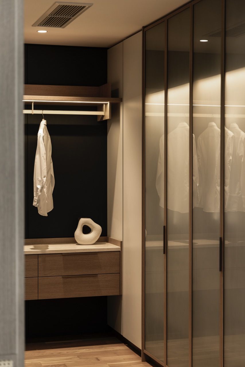 Glass-fronted wardrobes and timber details with cane webbing inserts add texture to the storage walls
