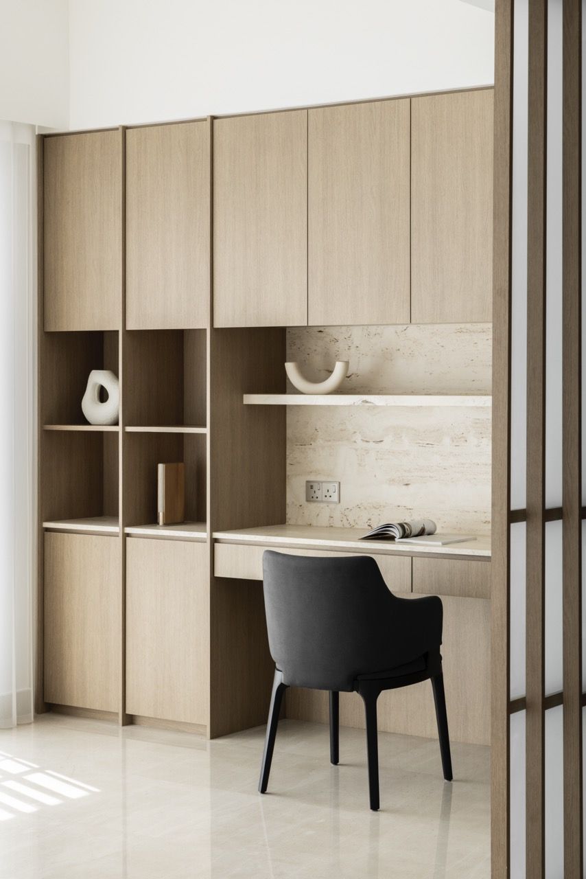 Built-in desk with overhead storage shows how workspace is integrated seamlessly into the apartment’s design language