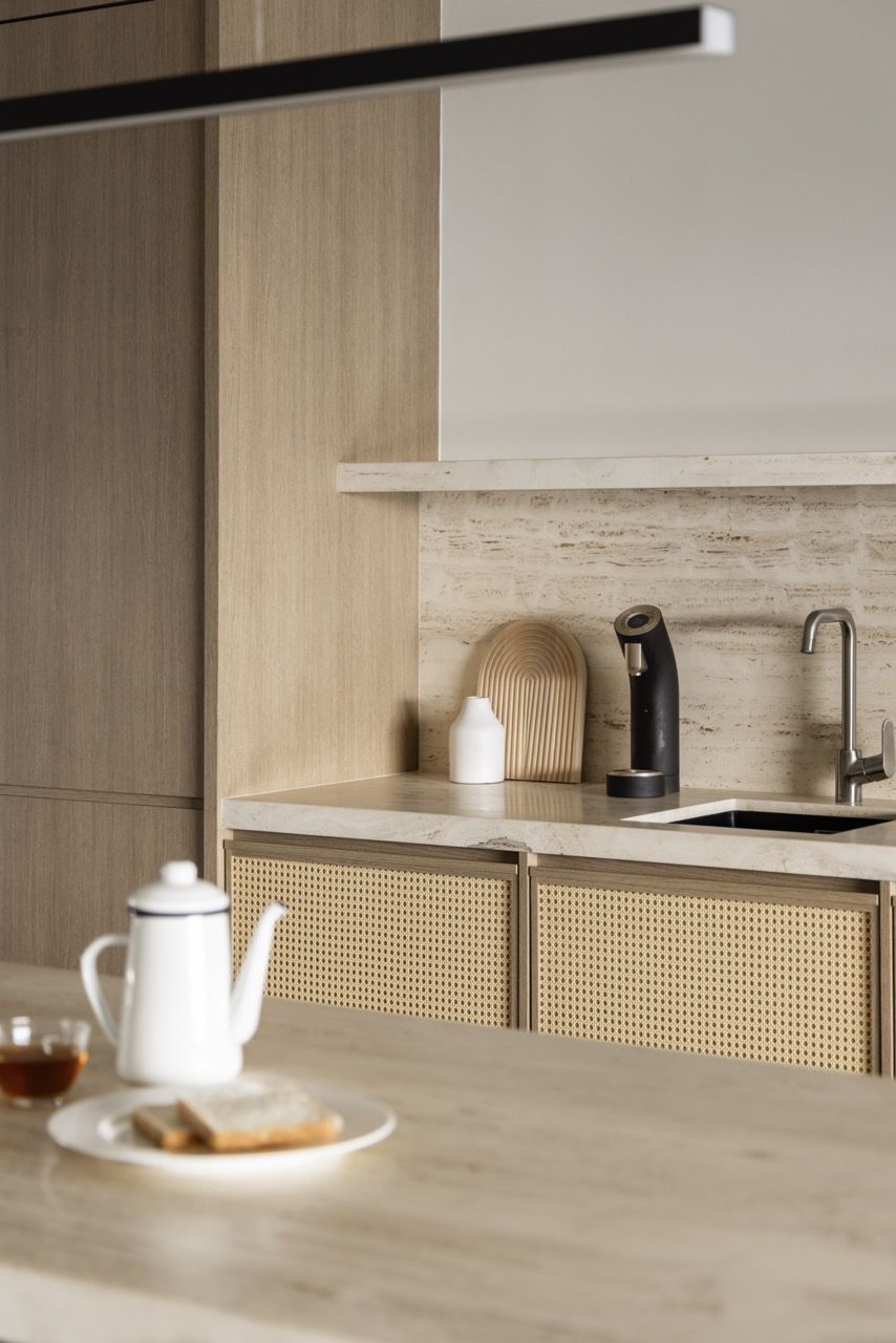 Morning tea and breakfast show how the space accommodates daily rituals with quiet elegance