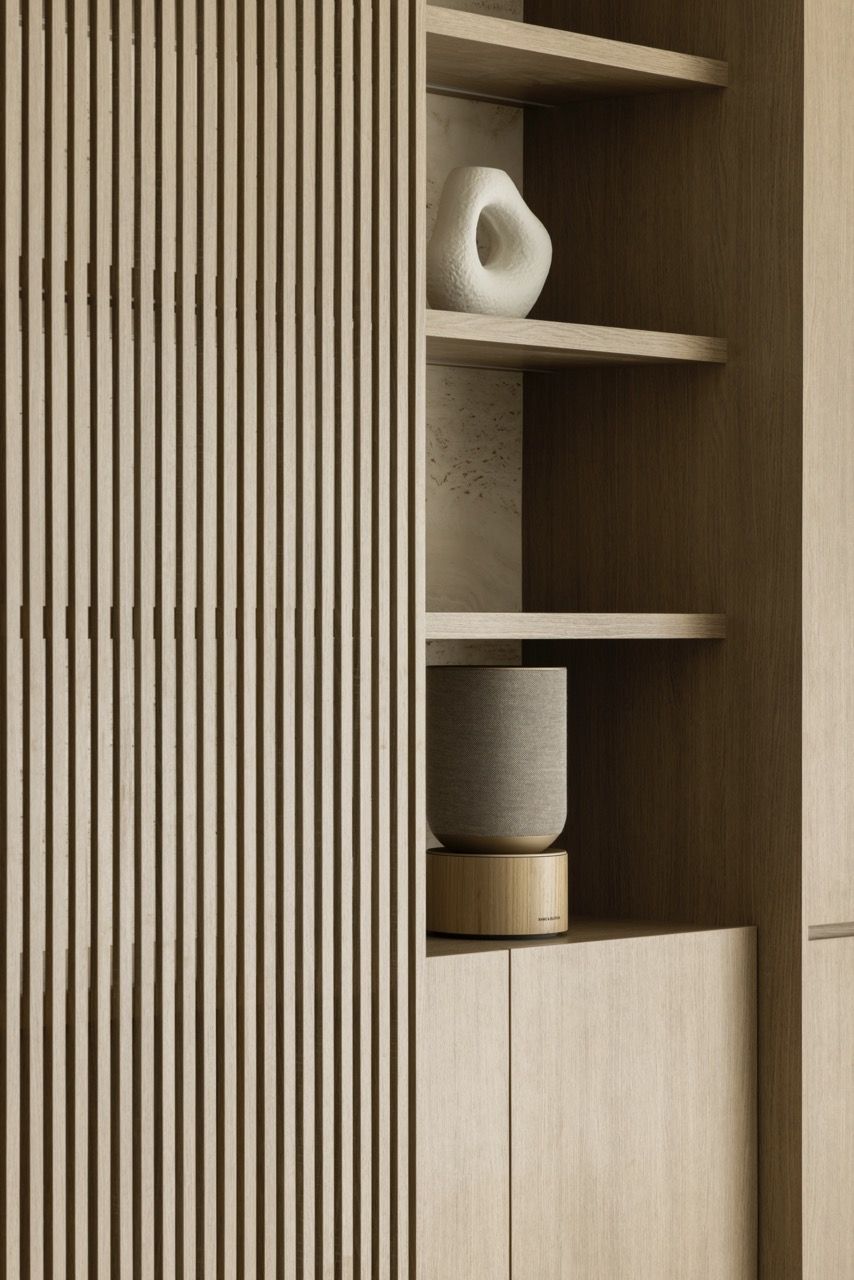 Even technology storage becomes a design opportunity, with speakers integrated into custom timber shelving