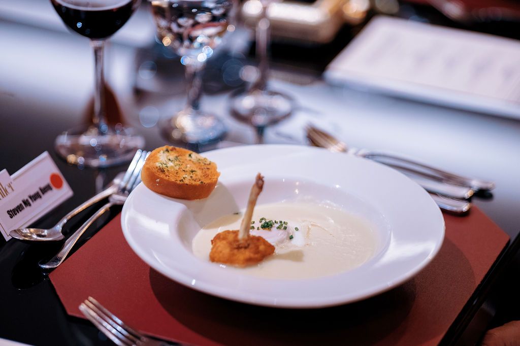 Soup: chowder of chicken, chicken lolly and poached egg with truffle oil