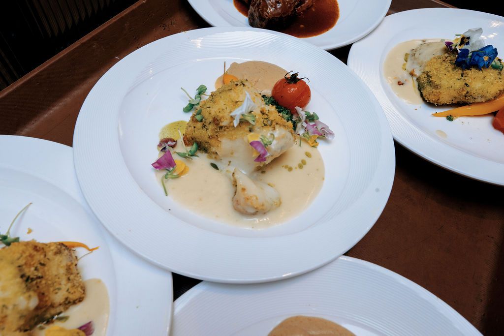 Pan seared cod steak: orange crusted, cauliflower puree, roasted broccolini and coriander cream