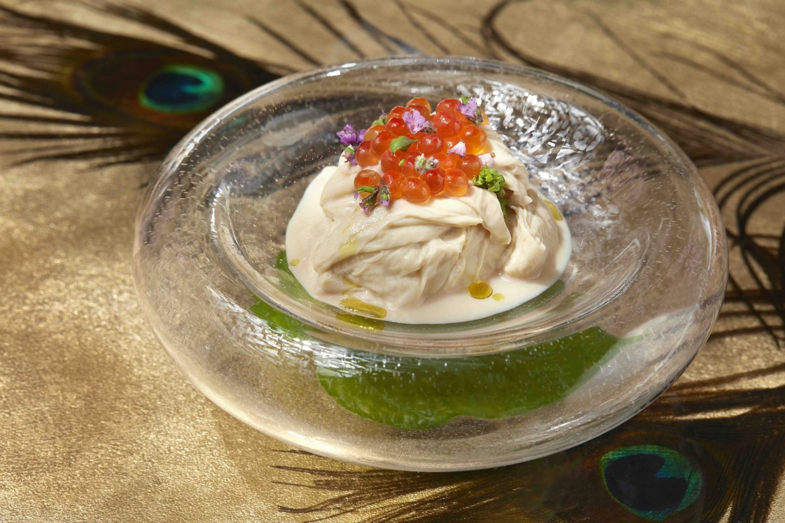Chilled fresh bean curd skin balanced with ikura and mala soy sauce (Photo: Royal China) best Chinese restaurant singapore