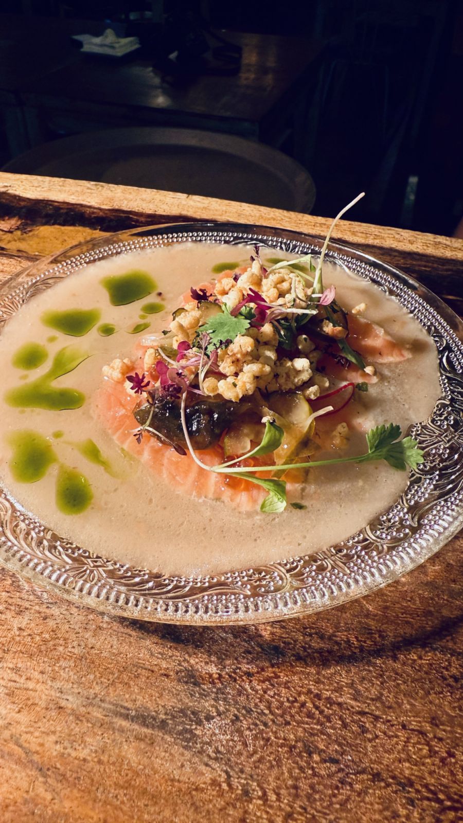 Fjord trout cured in Sichuan pepper with Neri ume vinaigrette, pickled wakame, and cilantro oil (Photo: Morsels) best fermentation restaurant chef singapore