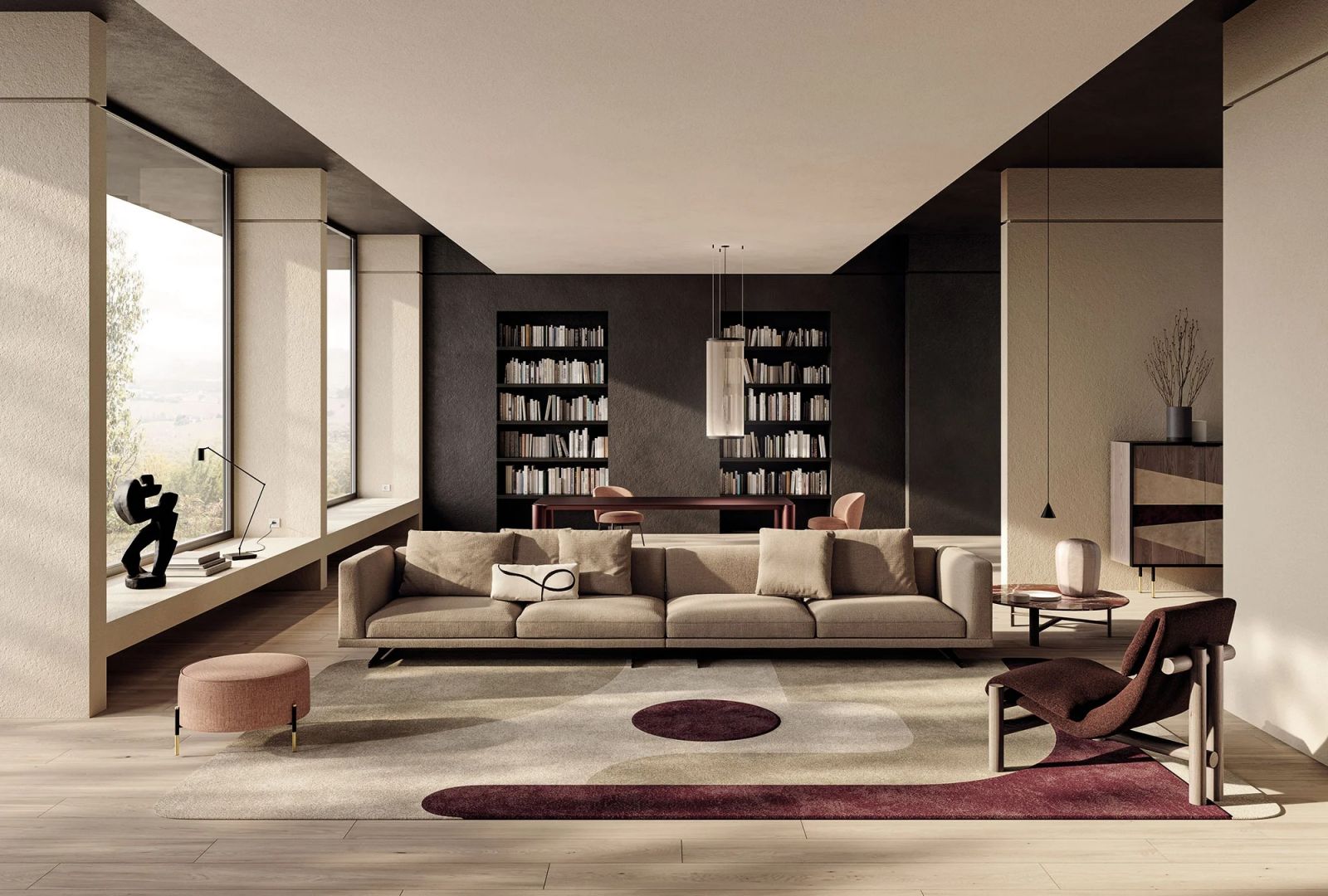 Perfectly integrated into Frigerio’s aesthetic vision, its Oliver carpet coordinates naturally with the furnishings of the collection, enhancing their volumes and materials (Photo: courtesy of Modernbrands)