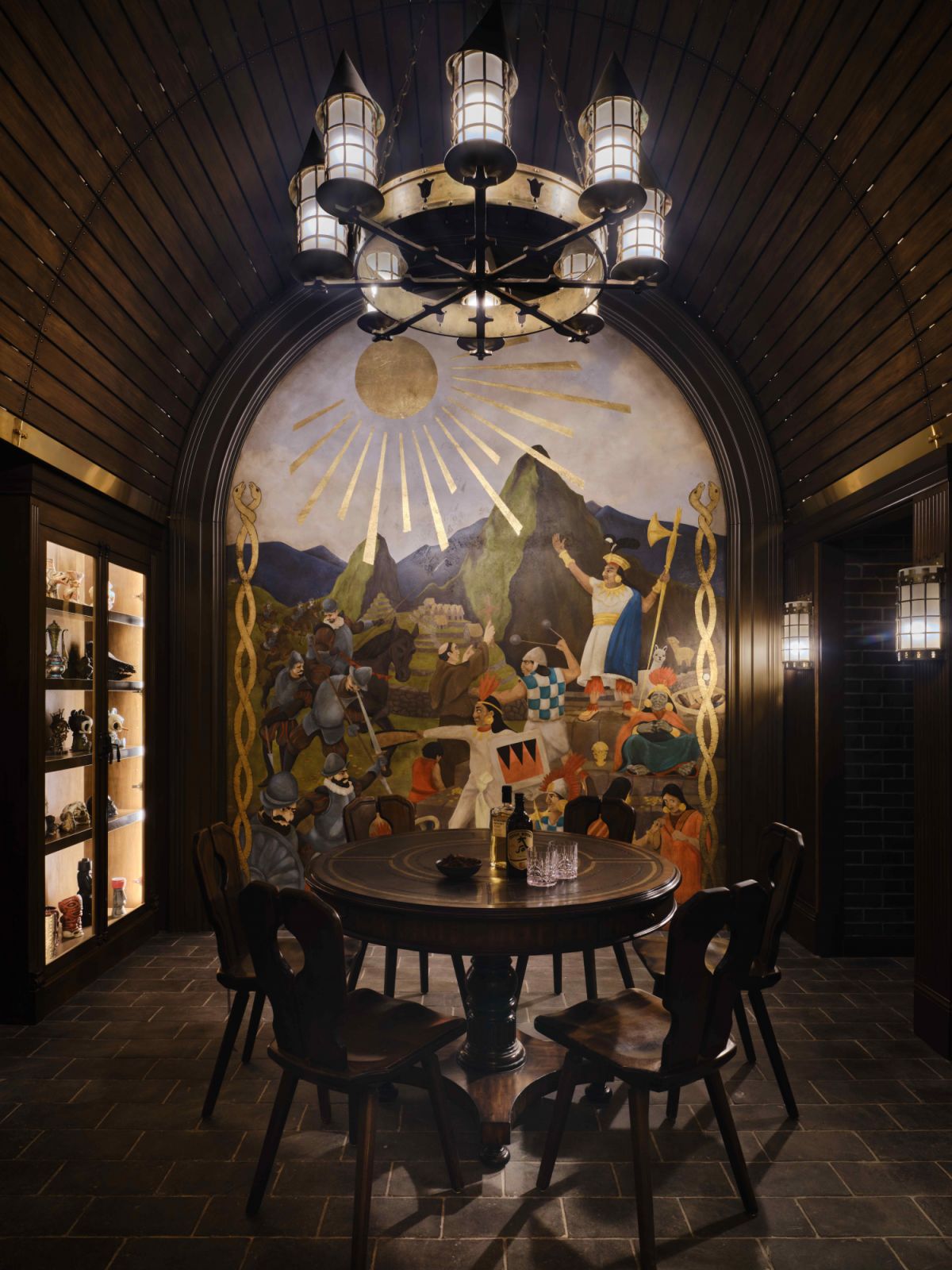 A descriptive wall mural of Machu Picchu captures the essence of Peru