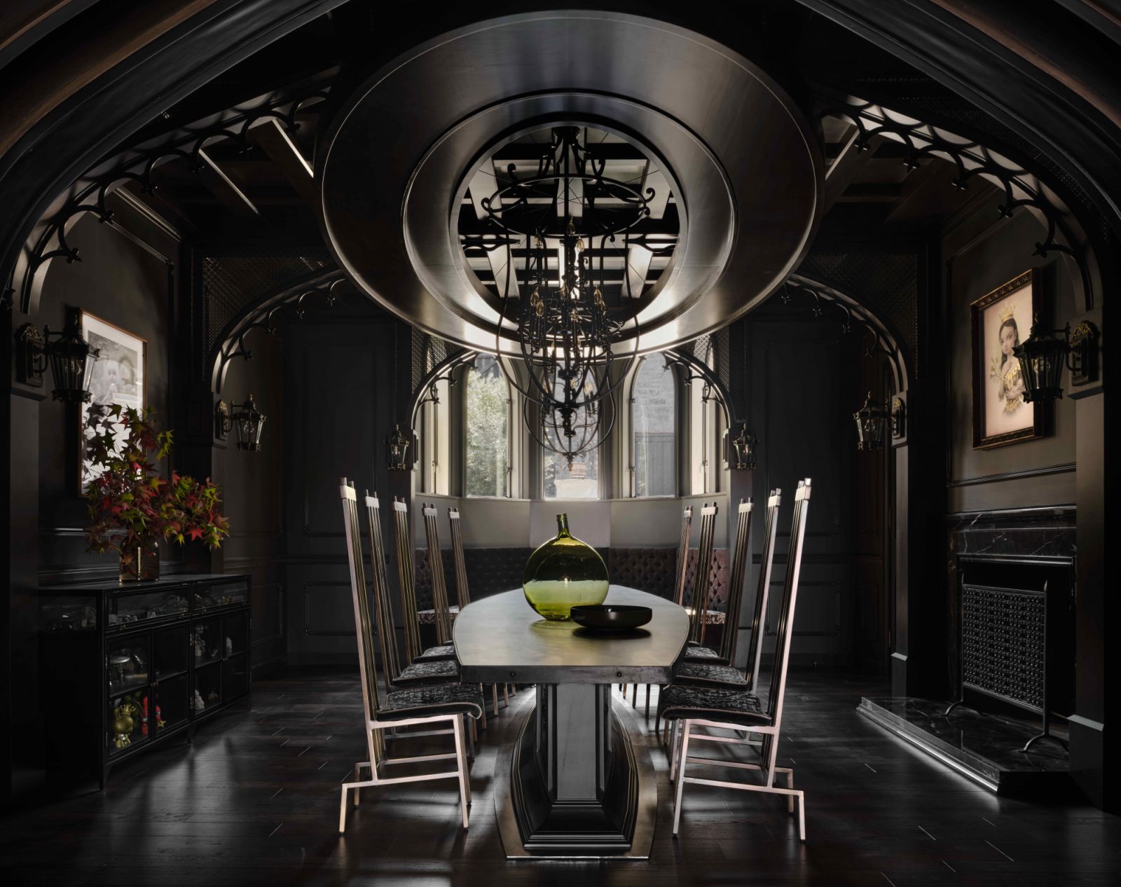 The dining room with Gothic-inspired finishes and thoughtfully designed lighting