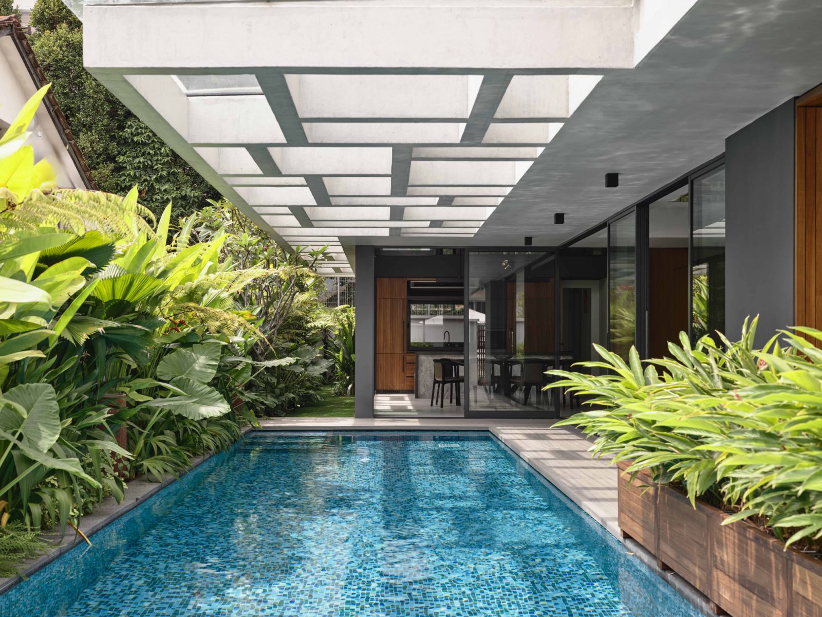 The semi-detached house’s lap pool is partially shaded by a visually arresting canopy and surrounded by greenery