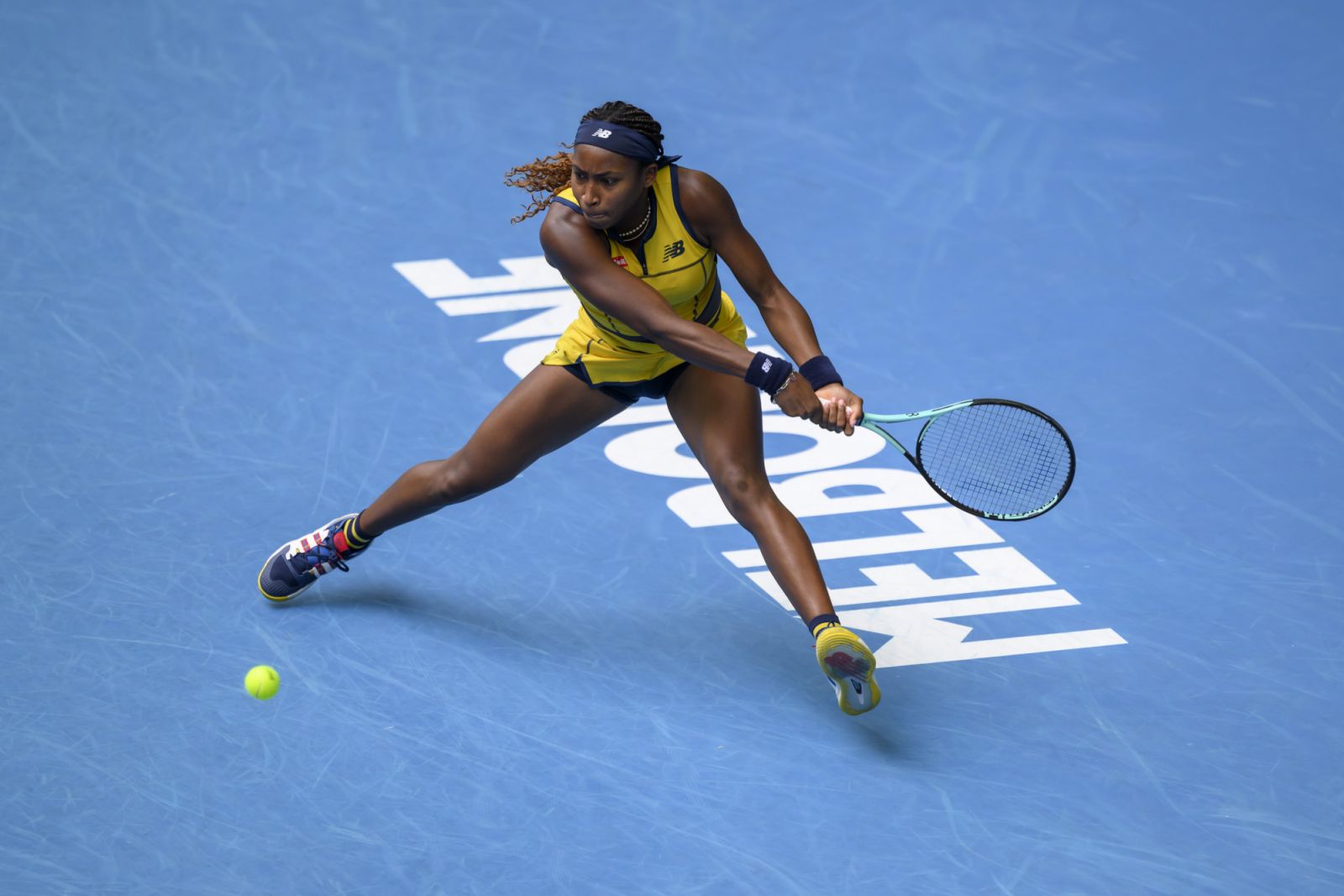 Coco Gauff (USA) plays a backhand return during her match against Magdalena Frech (POL) in the fourth round of the Women's Singles in the Rod Laver Arena