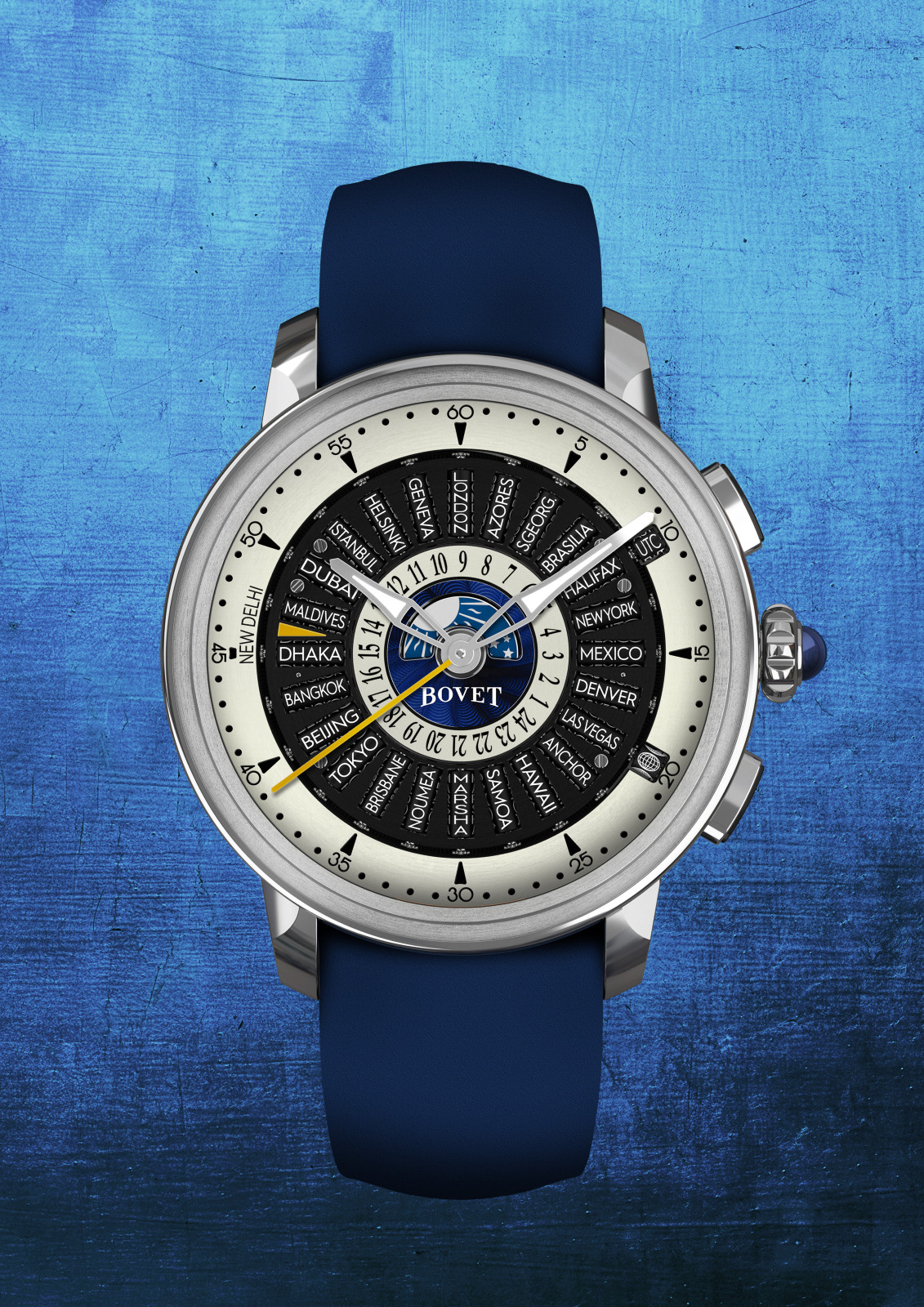 Bovet Recital 30 is a world timer that indicates the UTC, AST (American Summer Time), EAS (Europe and America Summer Time), and EWT (European Winter Time)