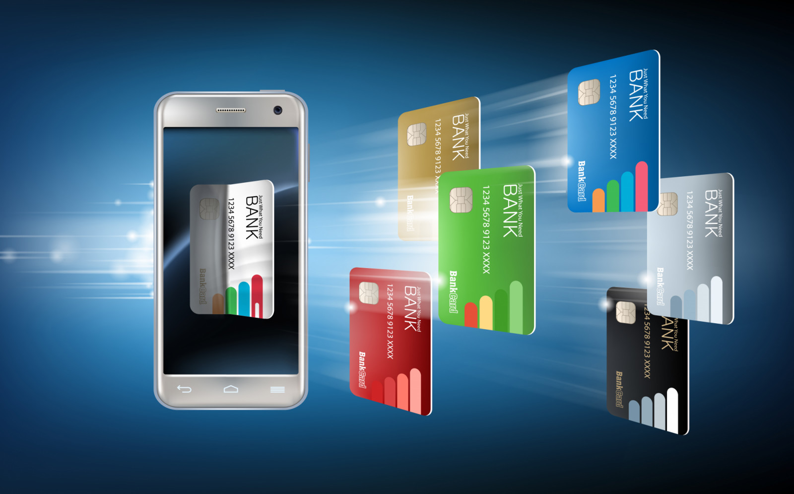 Vector illustration in a realistic style the concept of mobile payments using the application on your smartphone. Illustration of the smartphone and bank cards on an abstract background.