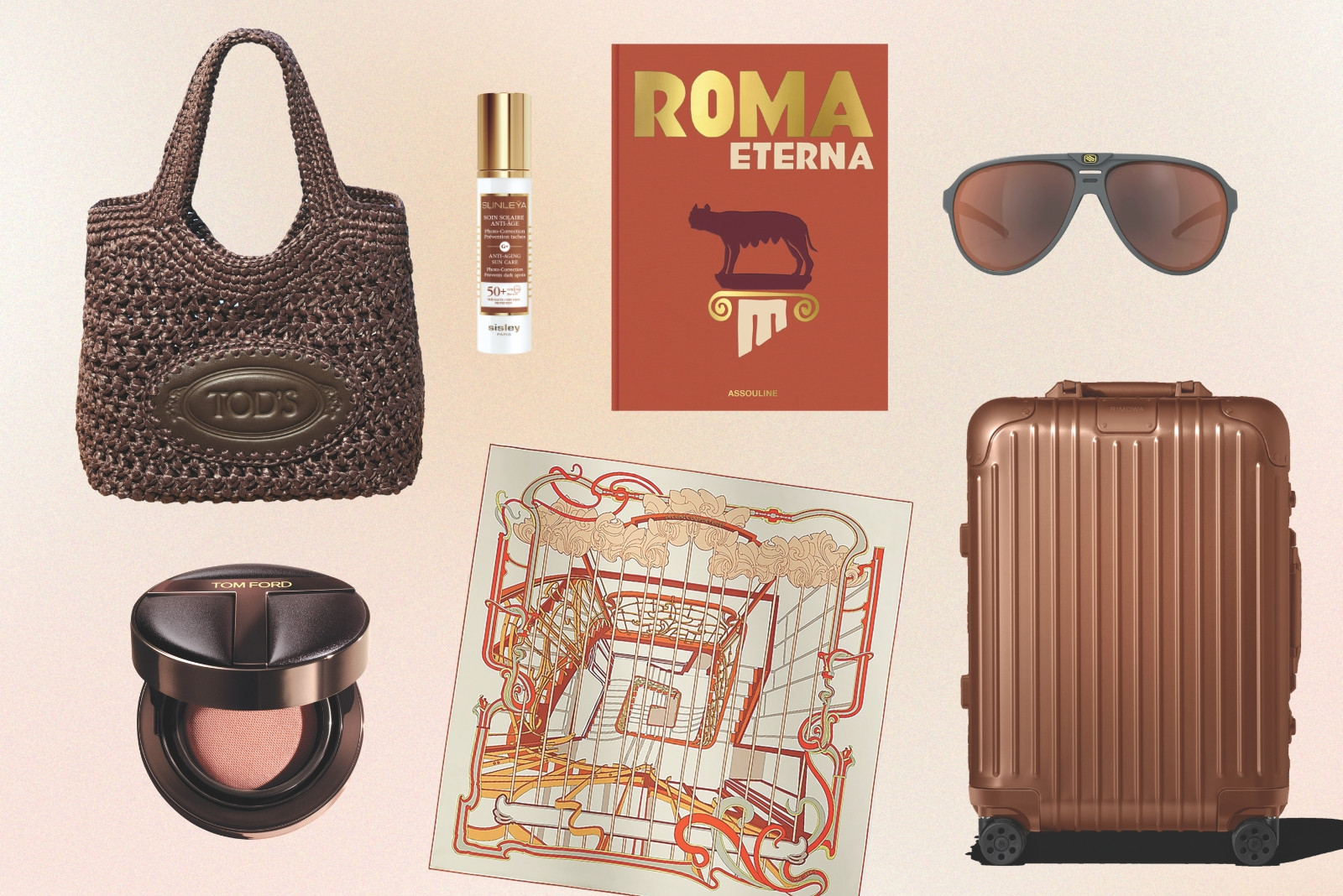 Take-Off (Clockwise, from top left: Tod's bag; Sisley Paris anti-ageing sun care; Assouline book; Rudy Project sunglasses; Rimowa suitcase; Hermès scarf; Tom Ford foundation)