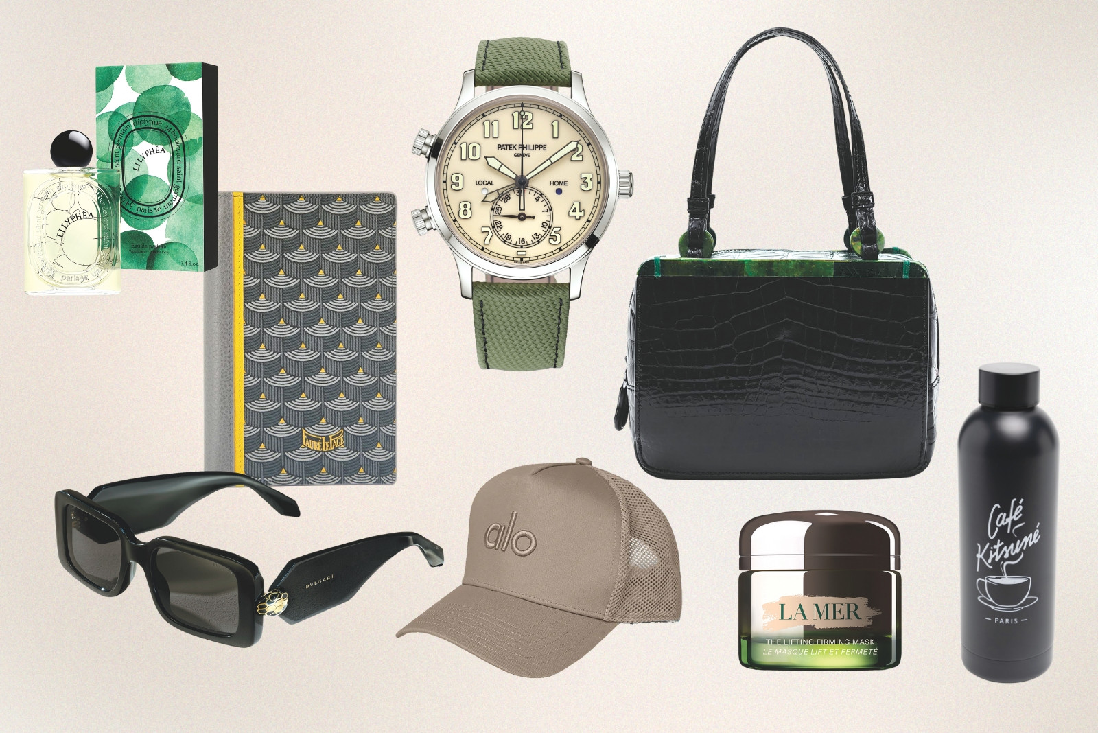 First Class (Clockwise, from top left: Diptyque fragrance; Fauré Le Page passport cover; Patek Philippe watch; Celestina bag; Maison Kitsuné bottle; La Mer mask; Alo cap; Bulgari sunglasses from Sunglass Haven)