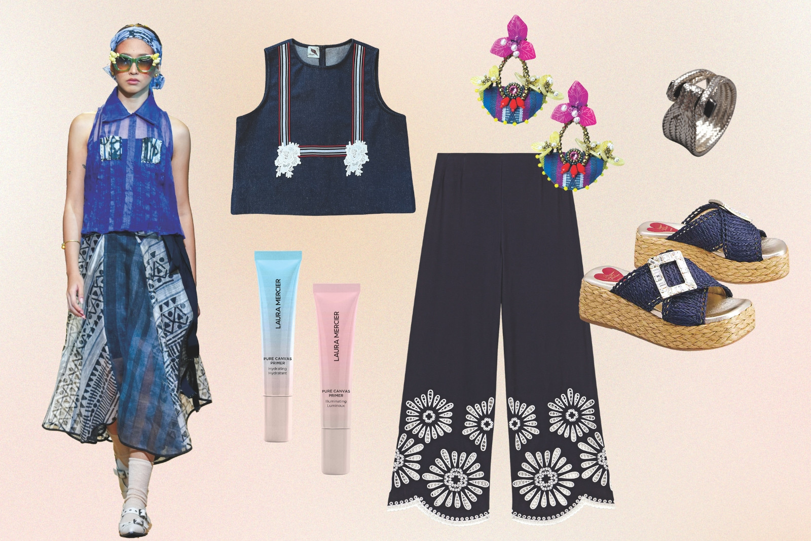 Into the Blue (Clockwise, from left: Lulu Tan-Gan ensemble; Alegre by Techie Hagedorn top; Farah Abu earrings; Caro Wilson ring; Roger Vivier shoes; Maje trousers; Laura Mercier mini primer)
