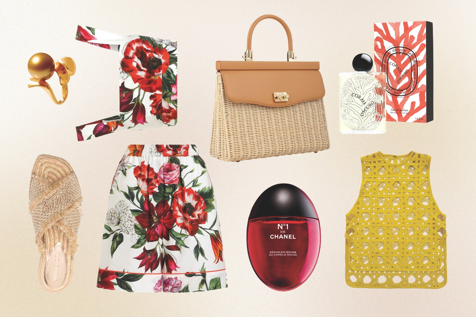 Decked Out (Clockwise, from top left: Jewelmer ring; Dolce & Gabbana top; Rodo bag; Diptyque fragrance; Two Chic top; Chanel serum-in-mist; Dolce & Gabbana shorts; Jimmy Choo shoe)