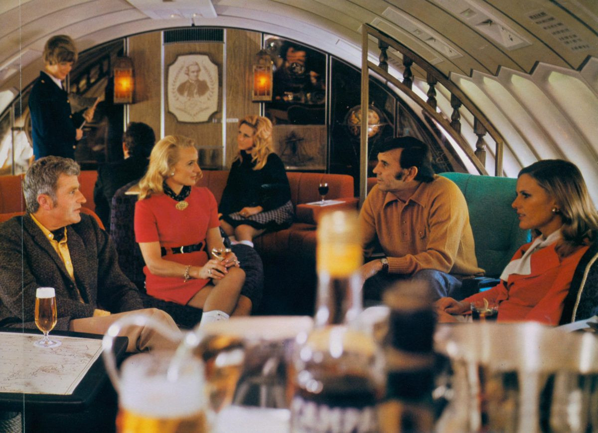 Some of Qantas’ first Boeing 747 Jumbo jets featured the Captain Cook lounge, located behind the cockpit, The lounge had seating for 15 passengers and a stand-up bar (Photo: Qantas)