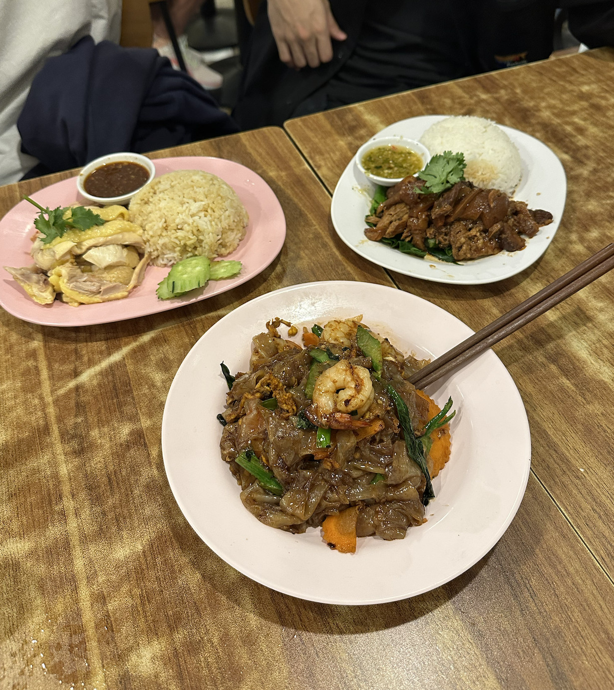 Pad see ew with prawns, Hainanese chicken rice and stewed pork knuckle rice at Kin Kao