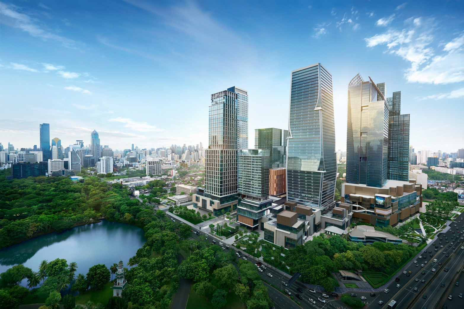 An aerial view of One Bangkok, a future-focused integrated district where urban design, public art, and green space converge