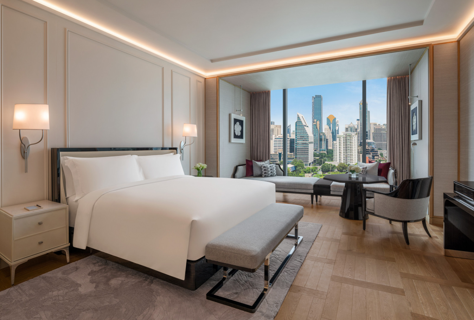 The Club King Room at The Ritz-Carlton, Bangkok combines warm textures and panoramic views with access to the exclusive 23rd-floor Club Lounge