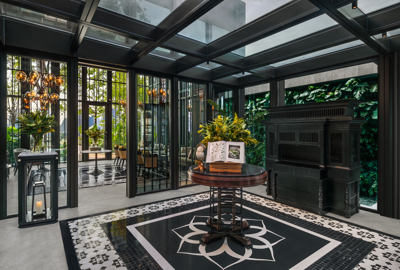 Black and white tiles in the reception area of Duet by David Toutain echo the water lily motif, subtly tying the restaurant’s entry into the hotel’s overarching design language