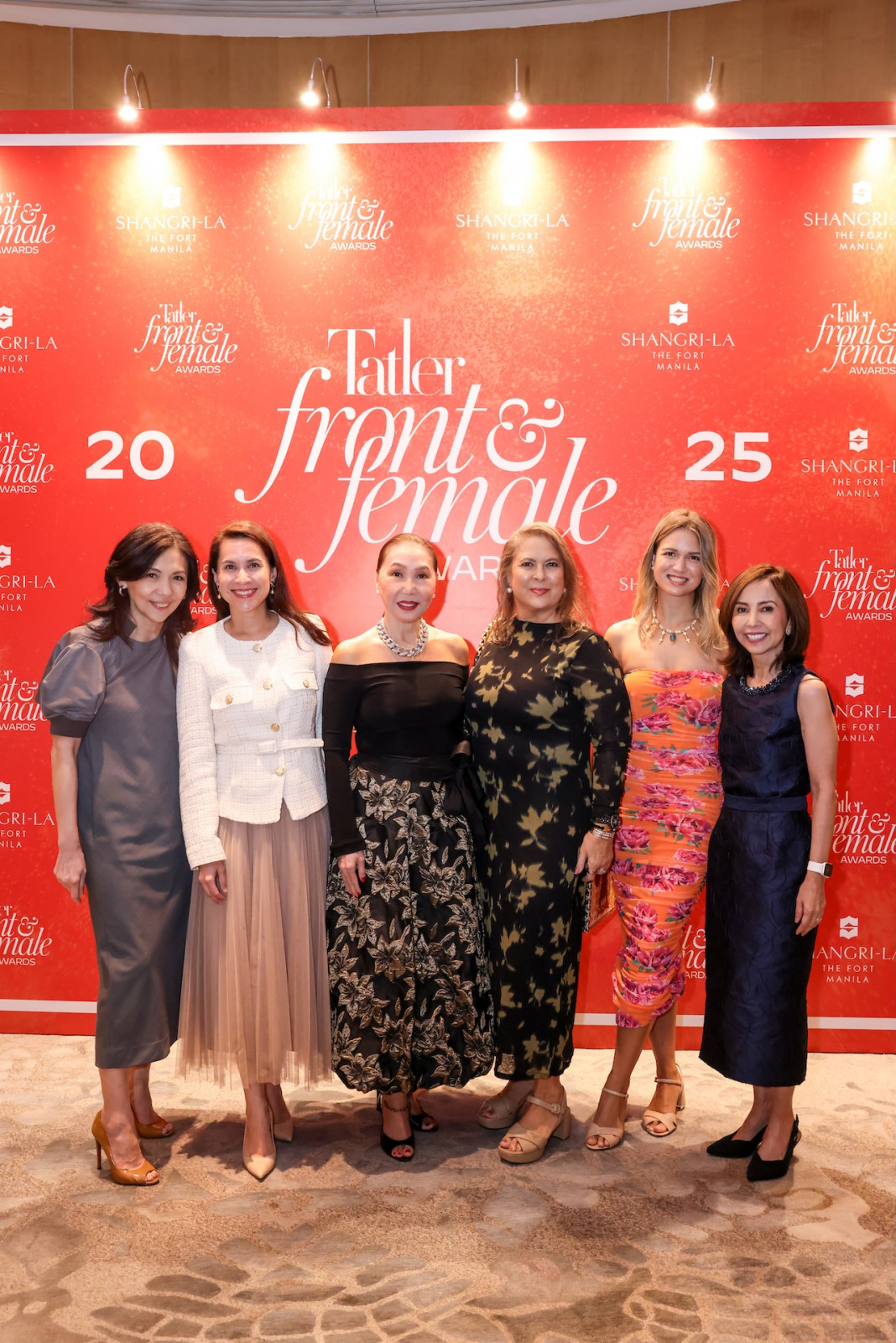 Kaye Tinga, Audrey Zubiri, x, Junie Peña, Natalia Peña and Karen Batungbacal at the Front & Female Awards Philippines 2025 photo wall