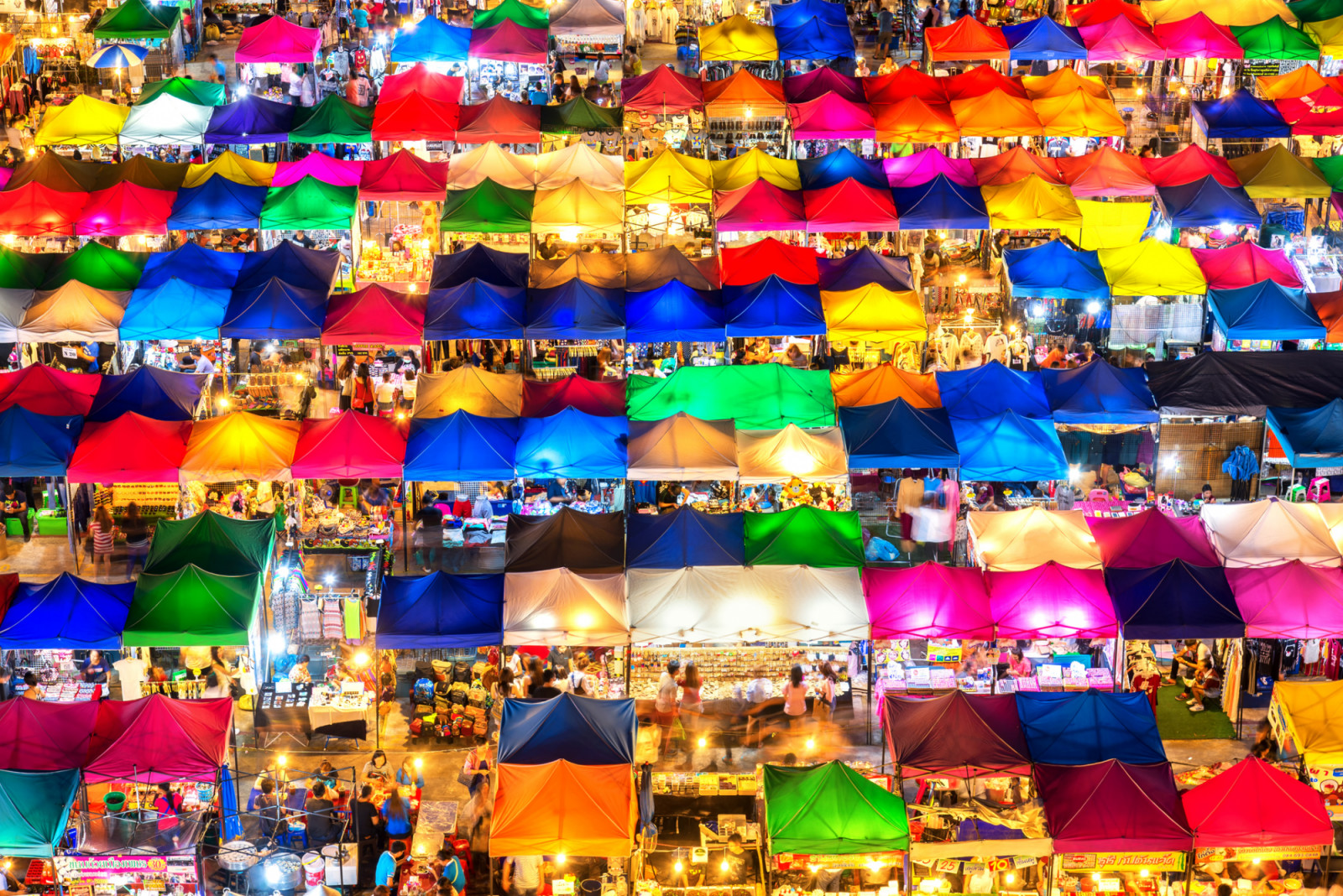 photo of night market high view from building colorful tent retail shop and lighting