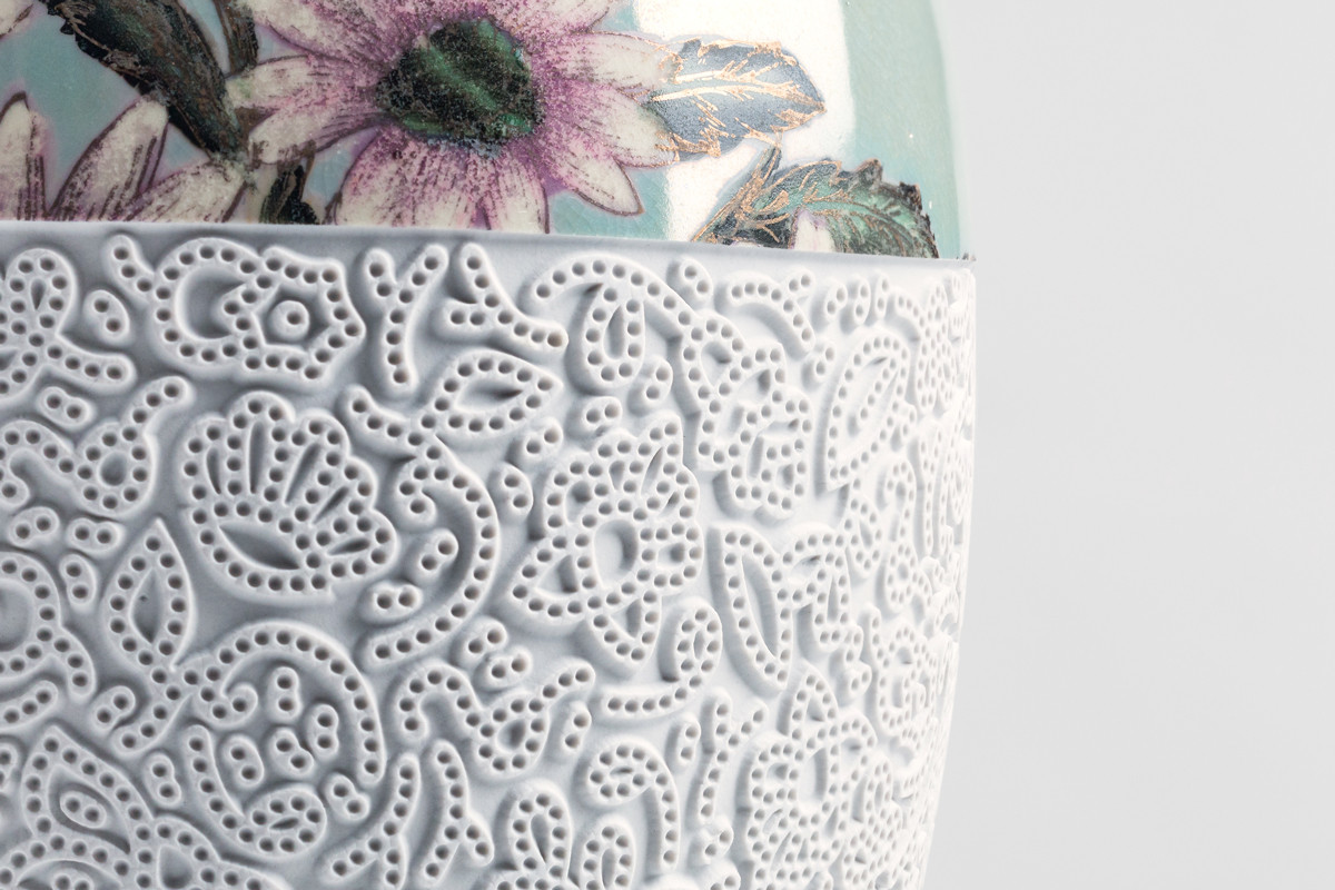 Close up of one of the vases in the Sarong Party collection by Hans Tan