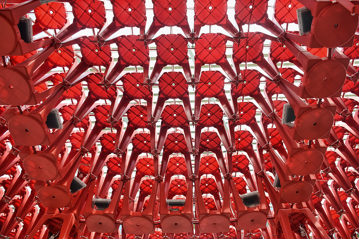 The ubiquitous red plastic chairs used for Fugue 1,3,5,7, the Archifest 2014 Pavilion by HCF and Associates. (Photo: Flickr/Choo Yut Shing)