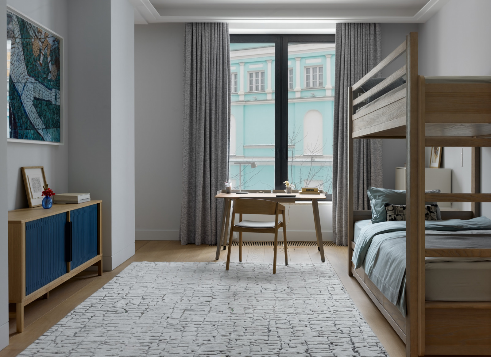 Cool shades of silver and icy blue inspired by Lake Baikal in the children’s bedroom