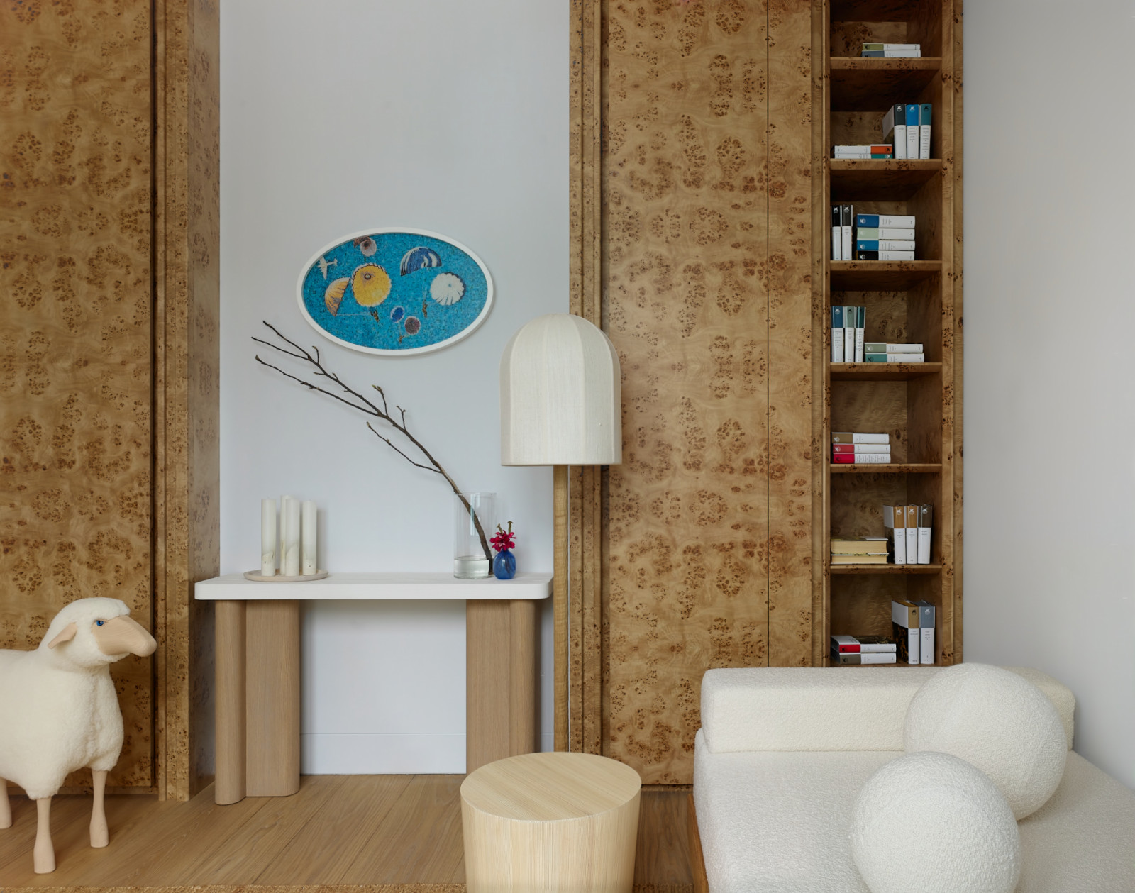 Cupboards that evoke the texture of tree bark in the children’s play room