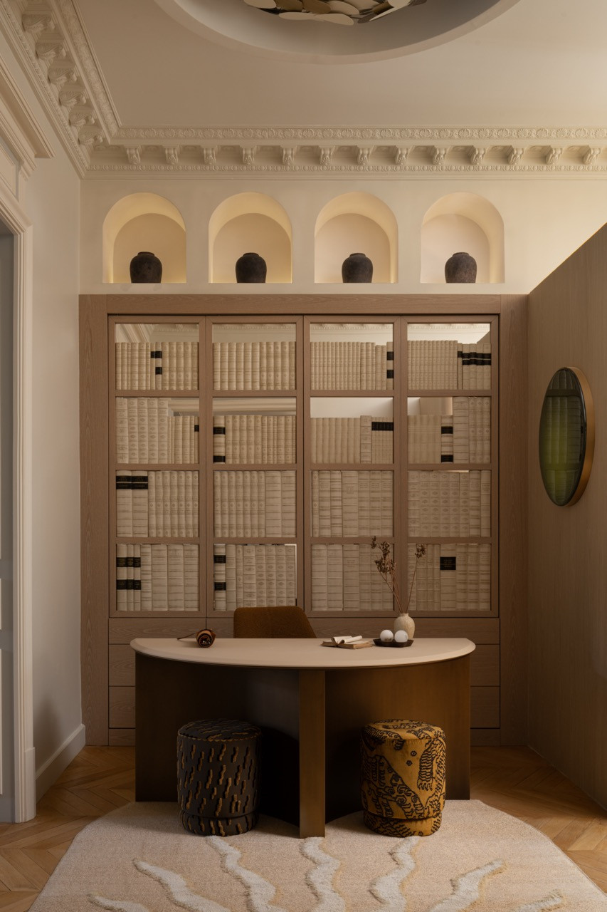 One of the two studies showcases the apartment's custom approach, where Ashby aimed to avoid off-the-shelf shopping, specifying and designing nearly every piece of furniture