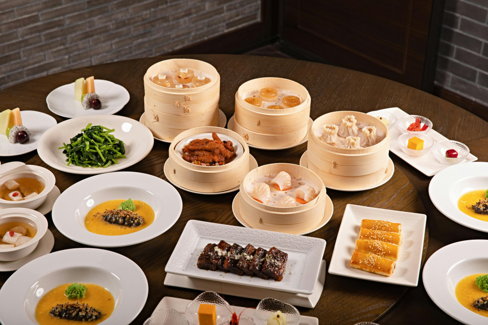 Chinese banquet table with a Lazy Susan holding multiple shared dishes