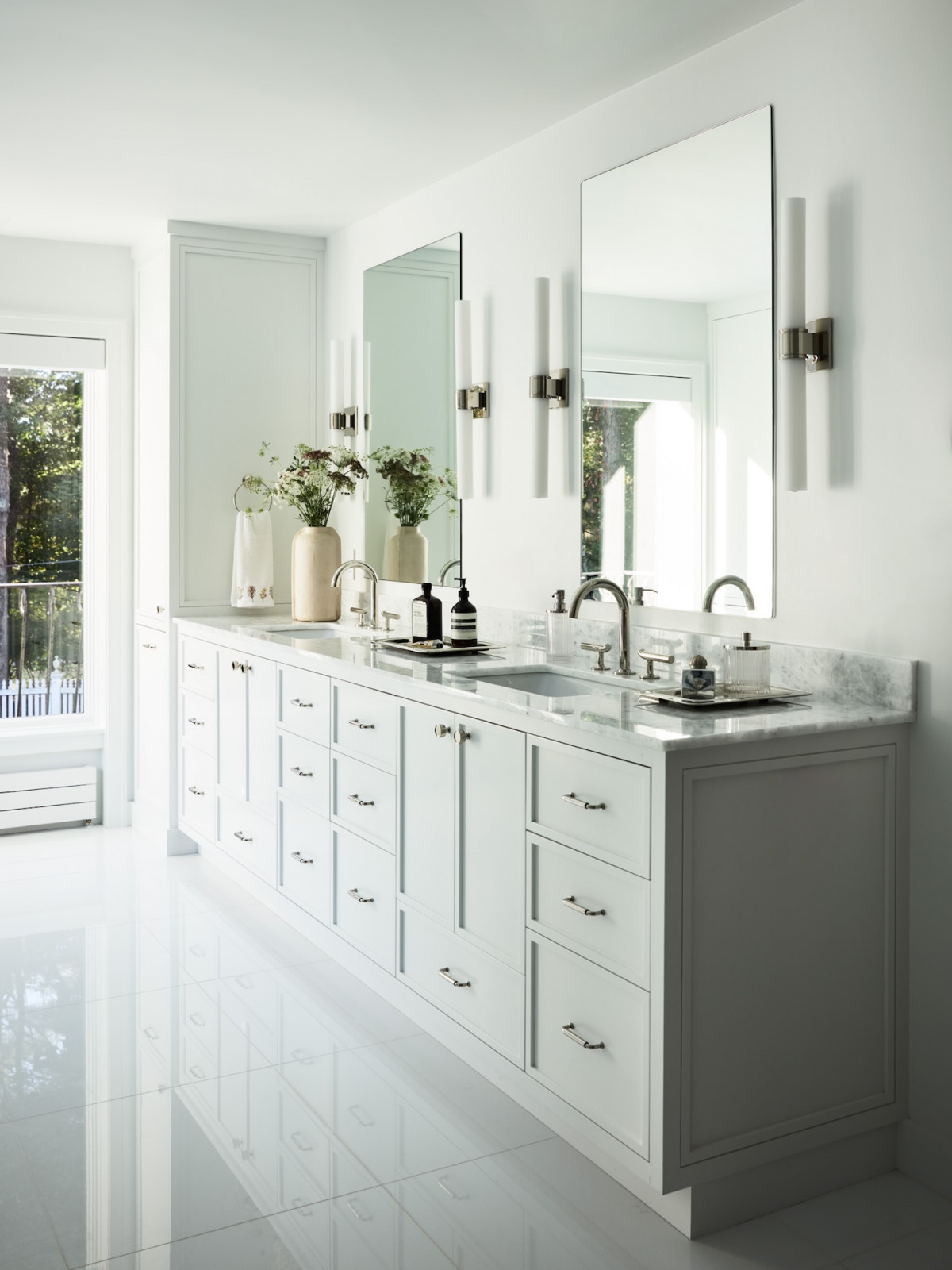 The primary spa bathroom in a maximalist 1920s Georgian home in Boston that blends Mexican and Indian influences, designed by Vani Sayeed Studio