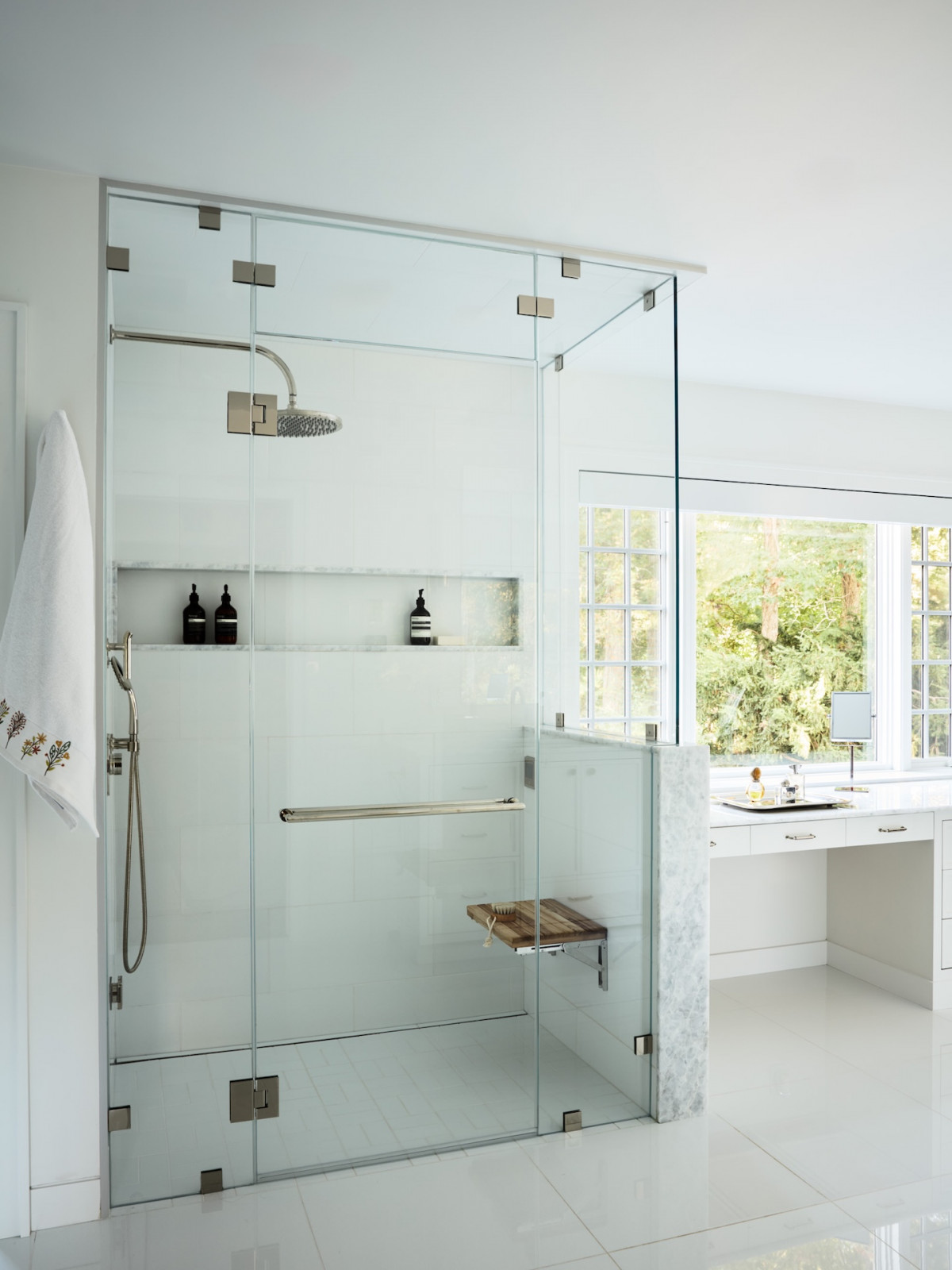 The primary spa bathroom in a maximalist 1920s Georgian home in Boston that blends Mexican and Indian influences, designed by Vani Sayeed Studio