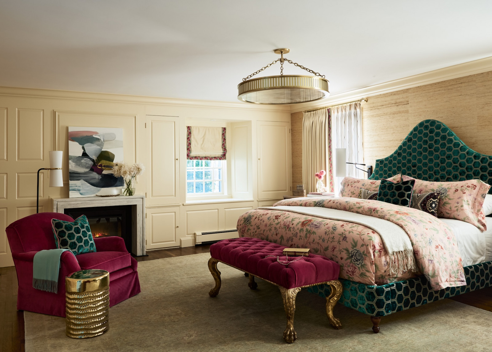 The primary bedroom in a maximalist 1920s Georgian home in Boston that blends Mexican and Indian influences, designed by Vani Sayeed Studio