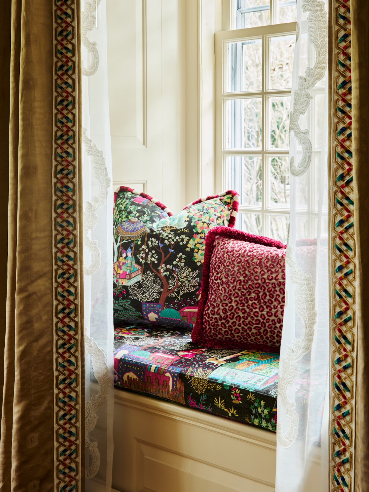 Details of the living room in a maximalist 1920s Georgian home in Boston that blends Mexican and Indian influences, designed by Vani Sayeed Studio