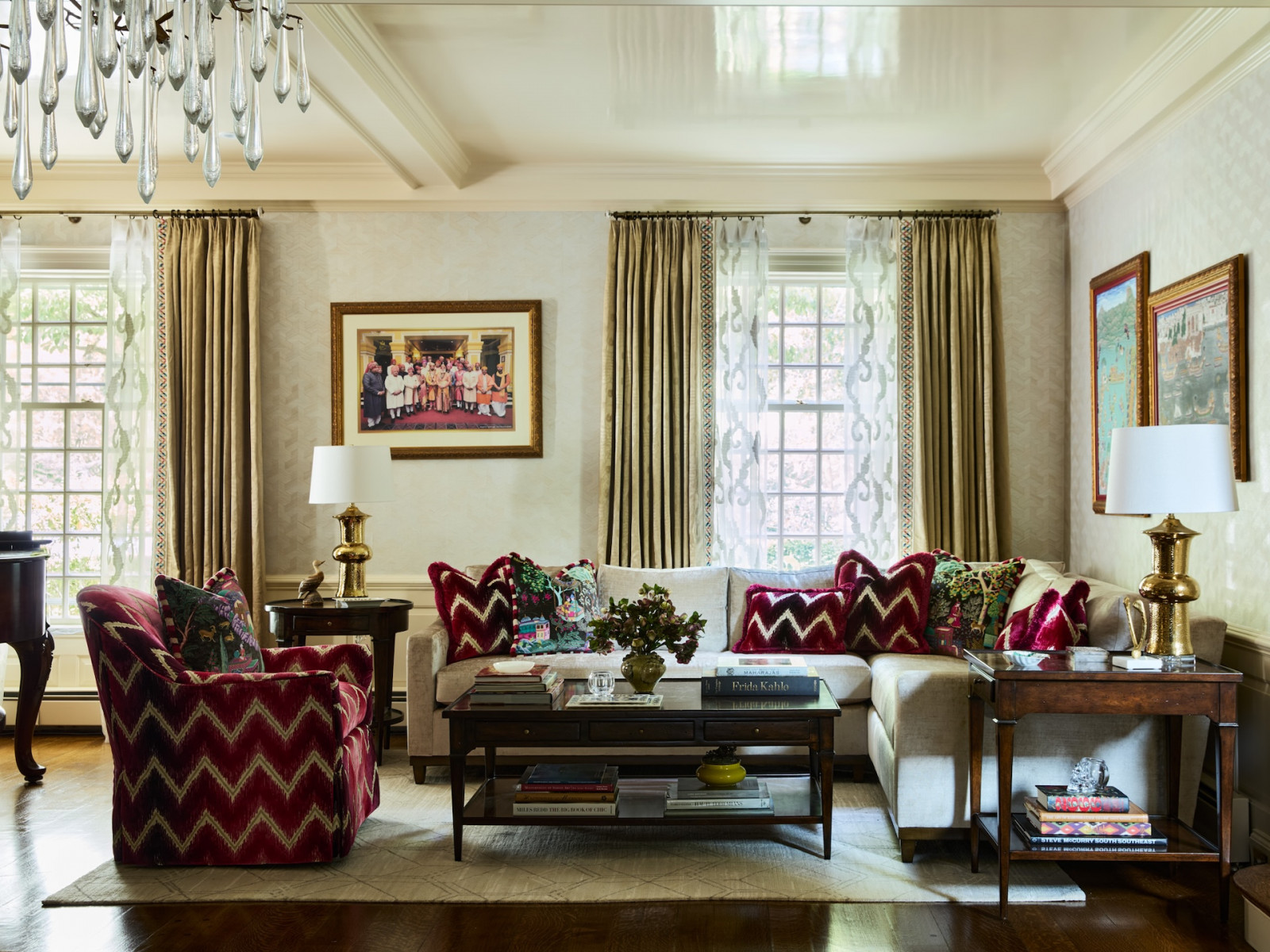 The living room in a maximalist 1920s Georgian home in Boston that blends Mexican and Indian influences, designed by Vani Sayeed Studio