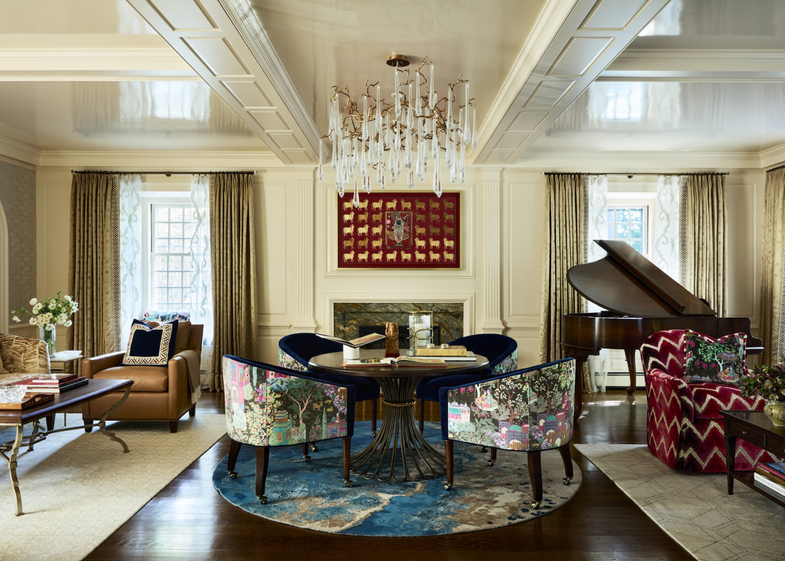 The living room in a maximalist 1920s Georgian home in Boston that blends Mexican and Indian influences, designed by Vani Sayeed Studio