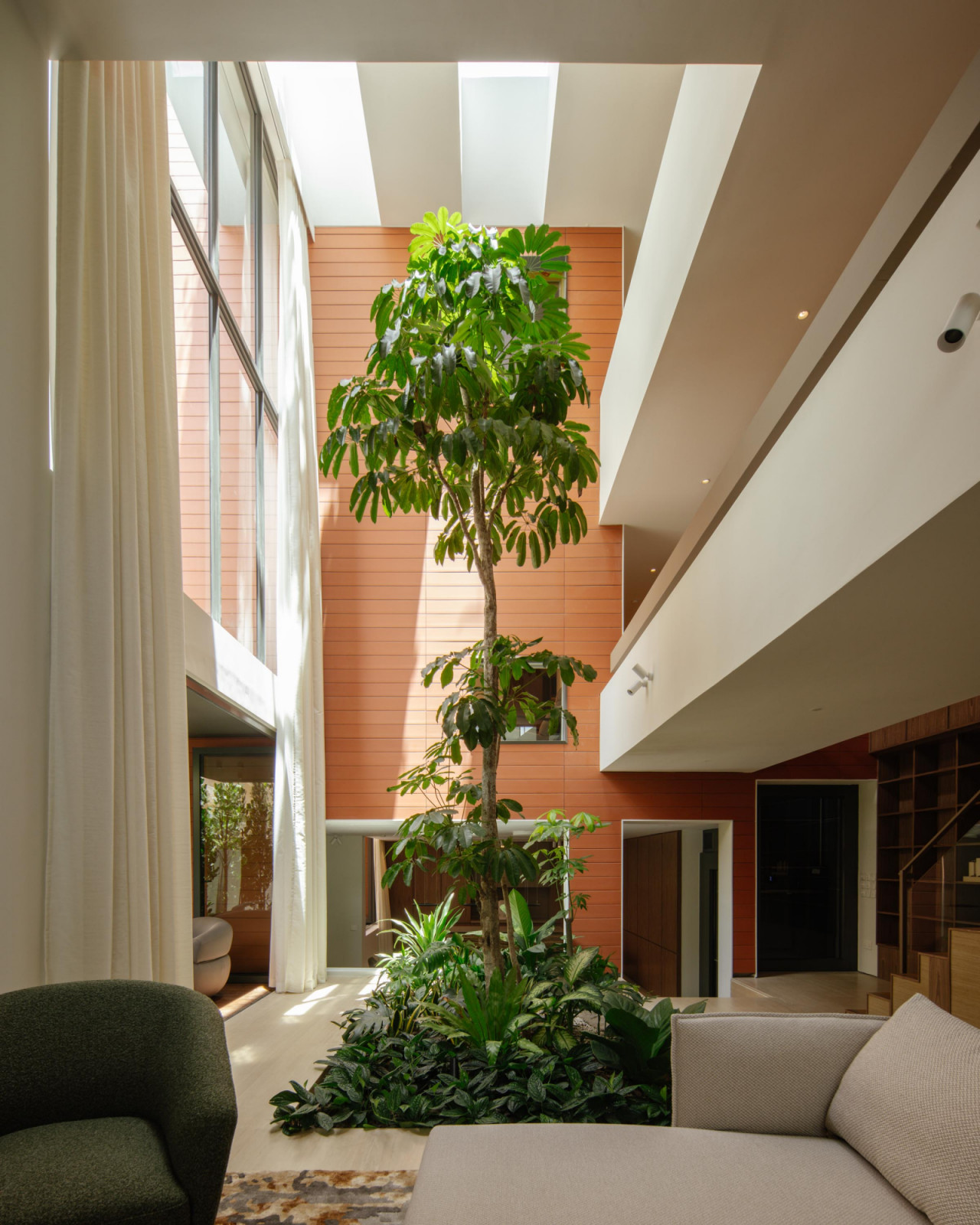 A full grown tree takes a pride of place in the semi-detached home’s double-volume living space