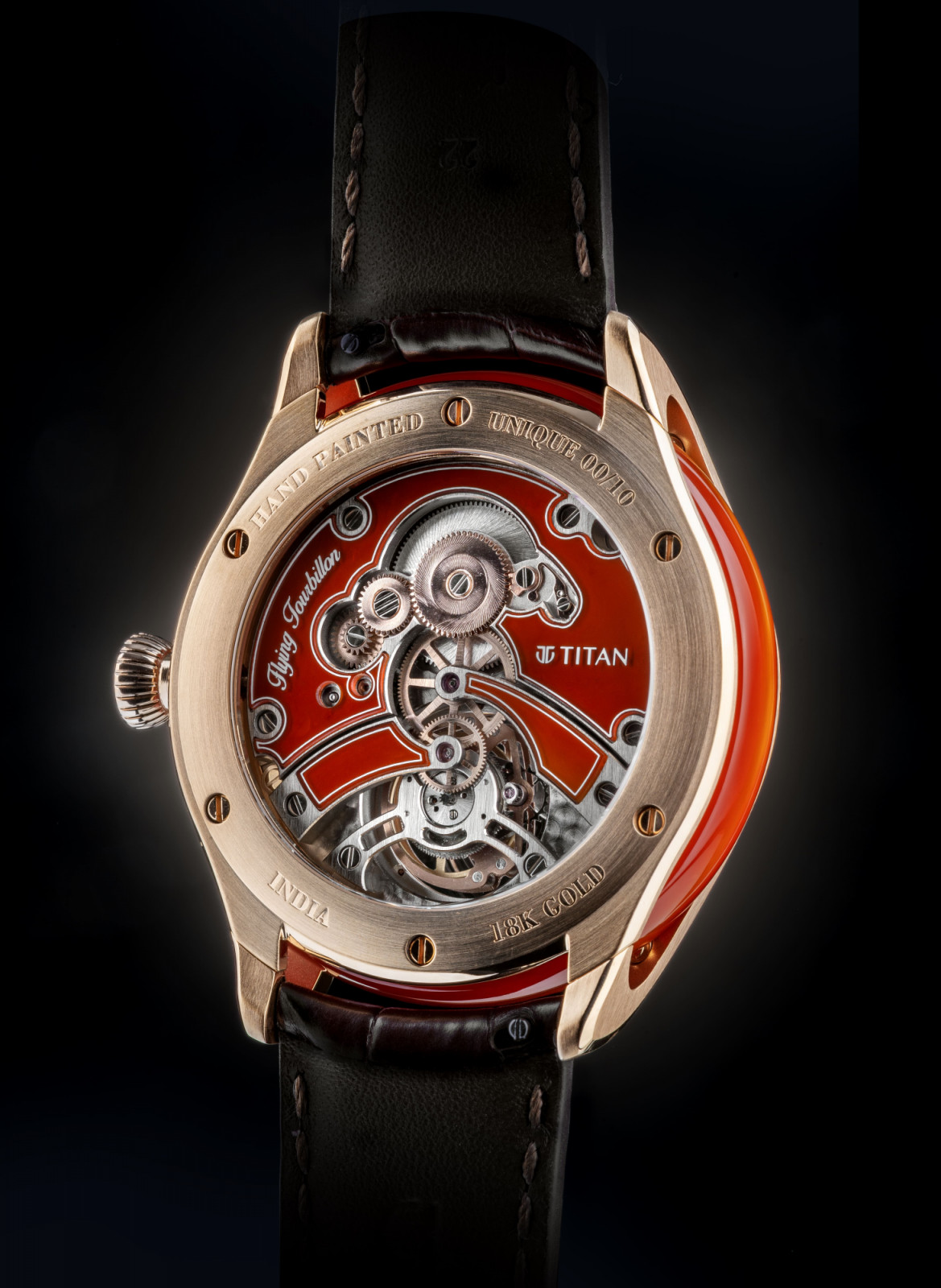 Red agate forms the bridges for the flying tourbillon movement of the Jalsa watch