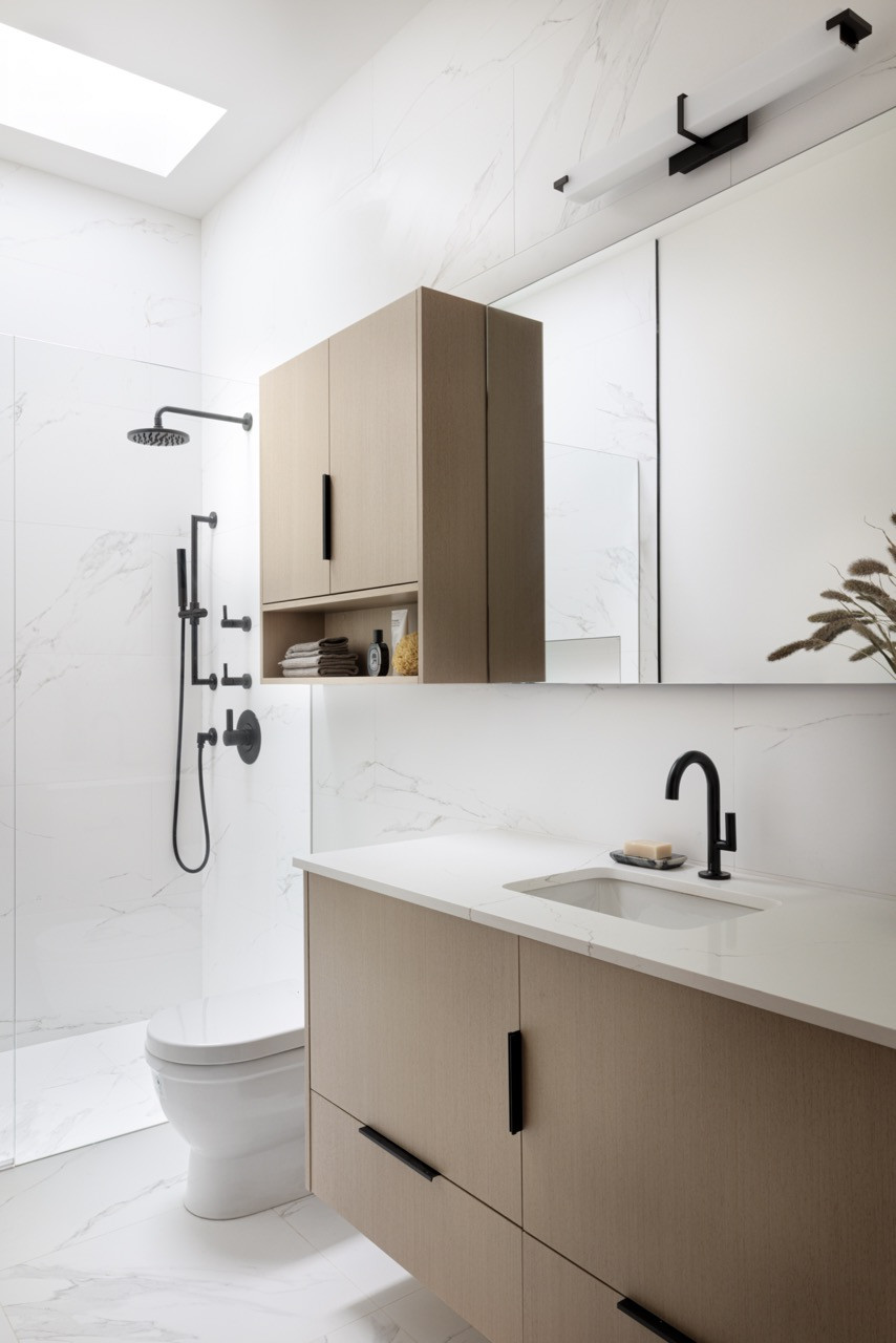 A secondary bathroom demonstrates the home’s efficient use of space, combining shower, toilet, and vanity functions within a compact layout lined with natural stone and wood finishes