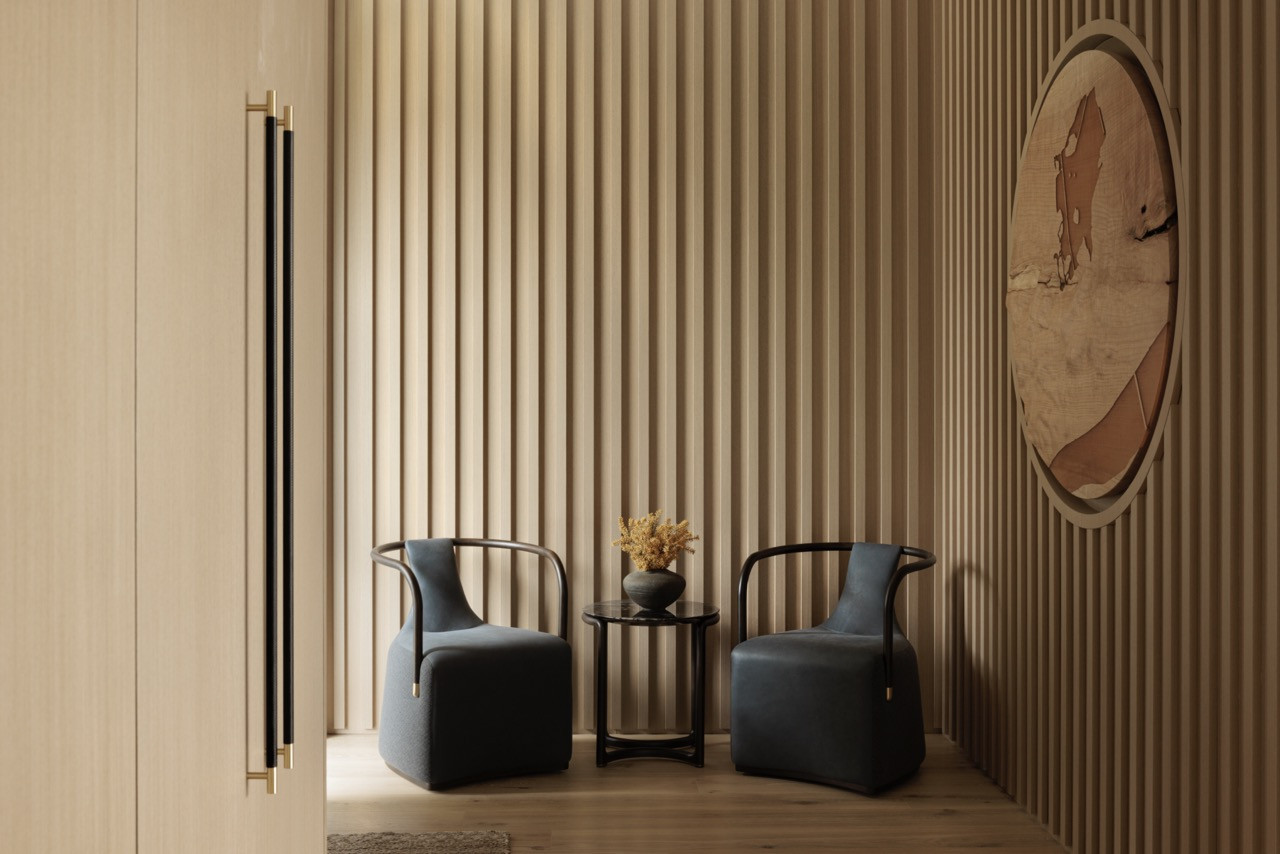 A quiet seating area showcases furniture sourced from China, including traditional-style chairs positioned against the wood slatted walls that create intimate spaces within the larger open plan